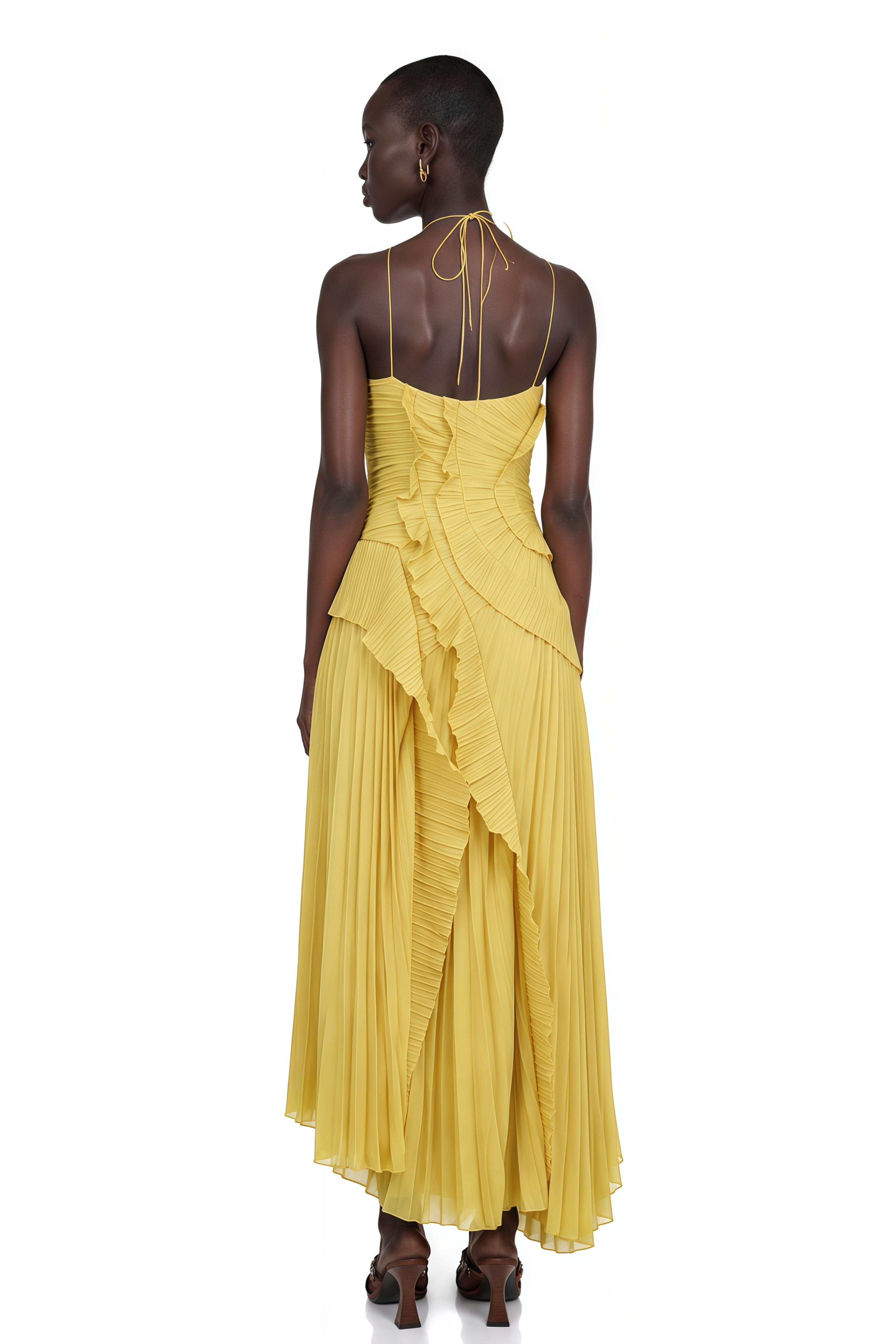 Doux Yellow Ruffled Trim Pleated Midi Dress