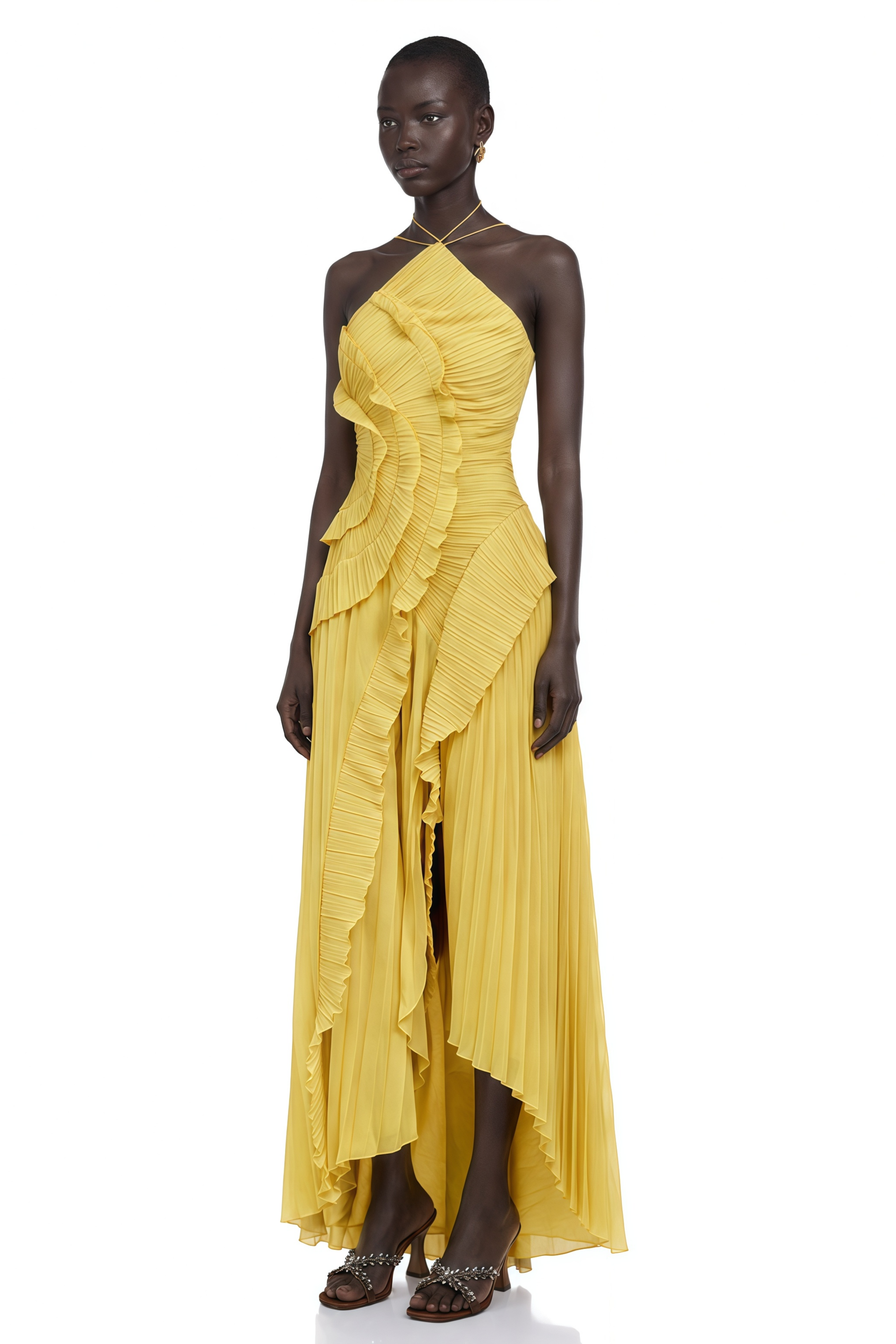 Doux Yellow Ruffled Trim Pleated Midi Dress – Miss Rosier