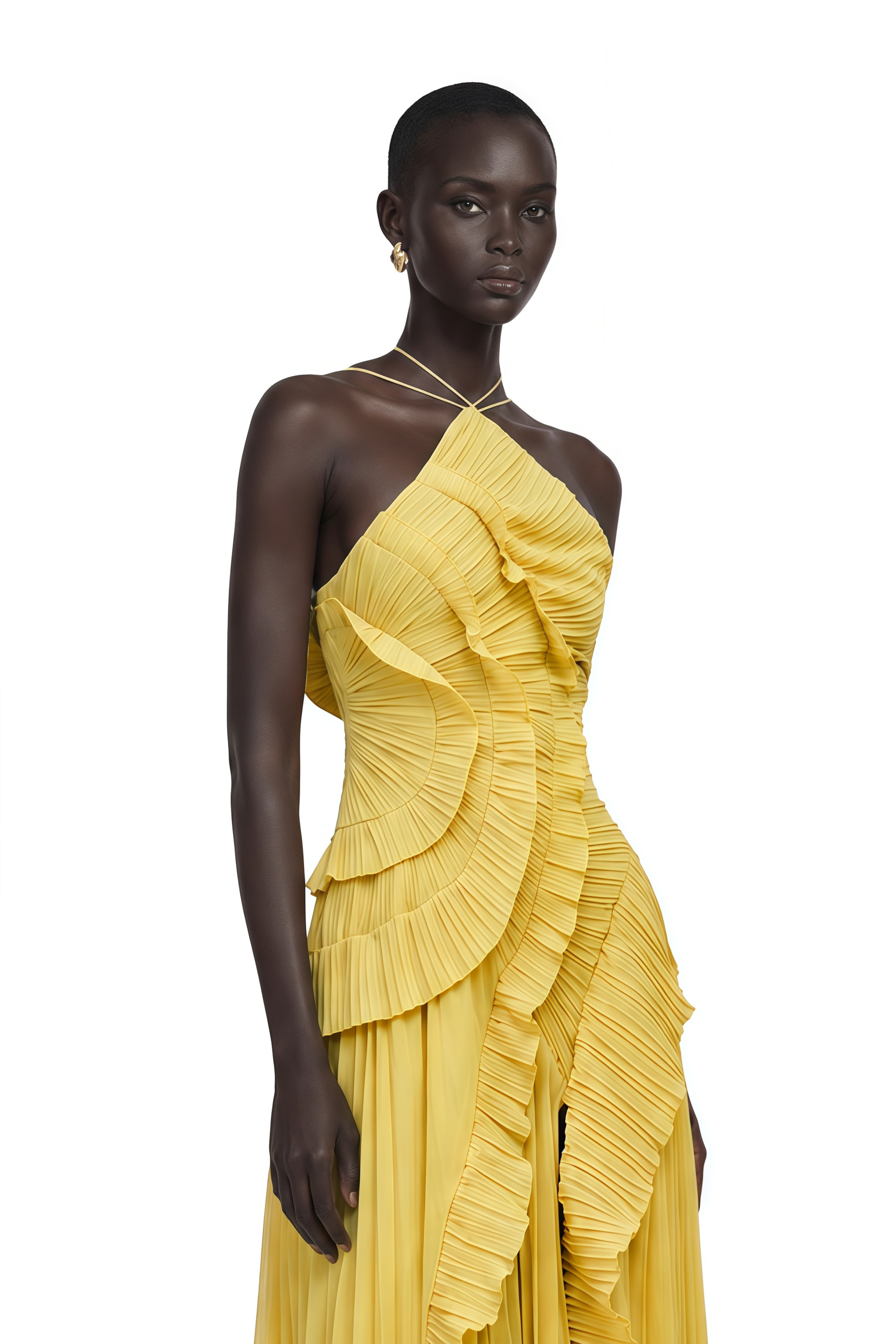 Doux Yellow Ruffled Trim Pleated Midi Dress