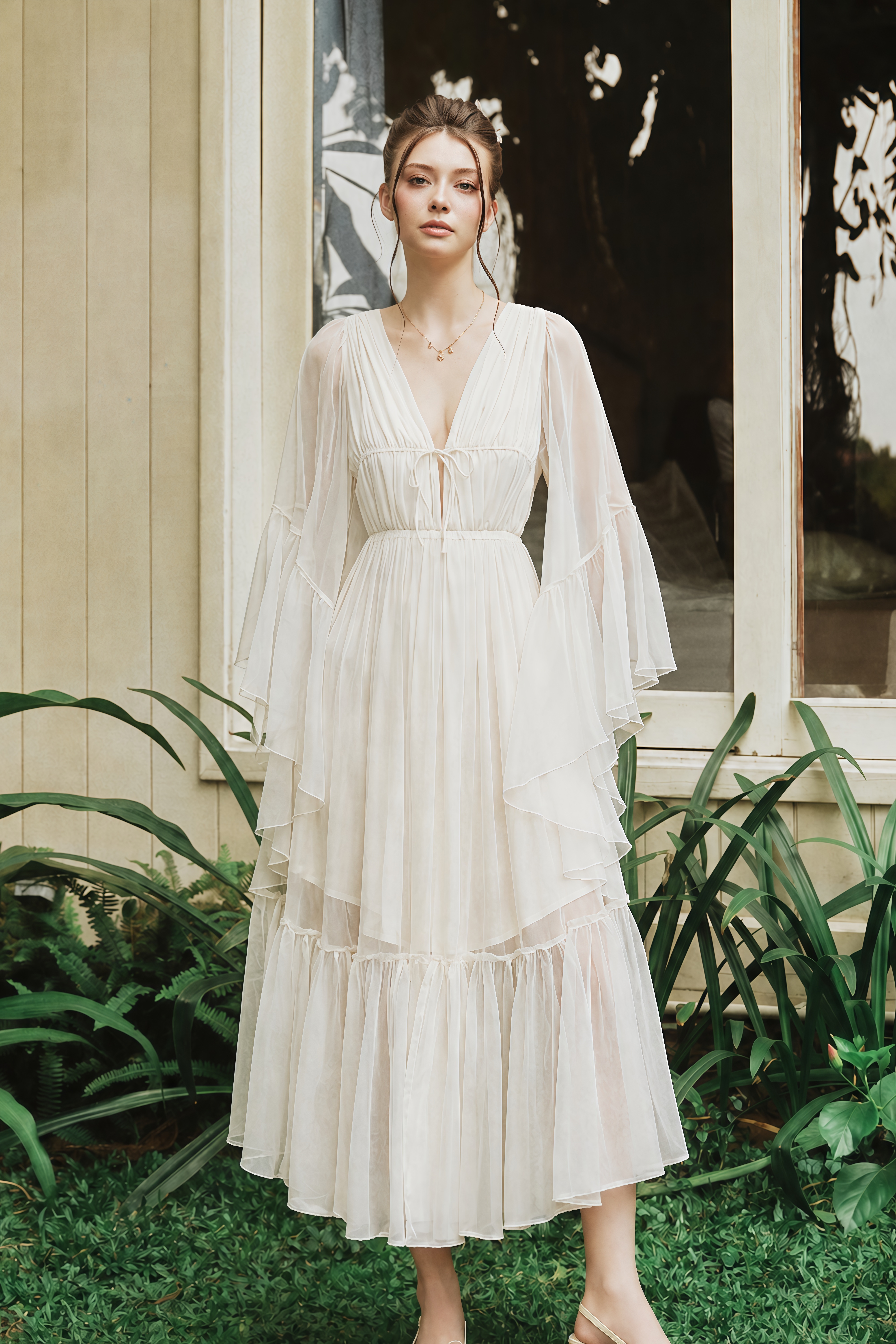 Ondine Neutral Plunging Long Sleeve Tiered Midi Dress