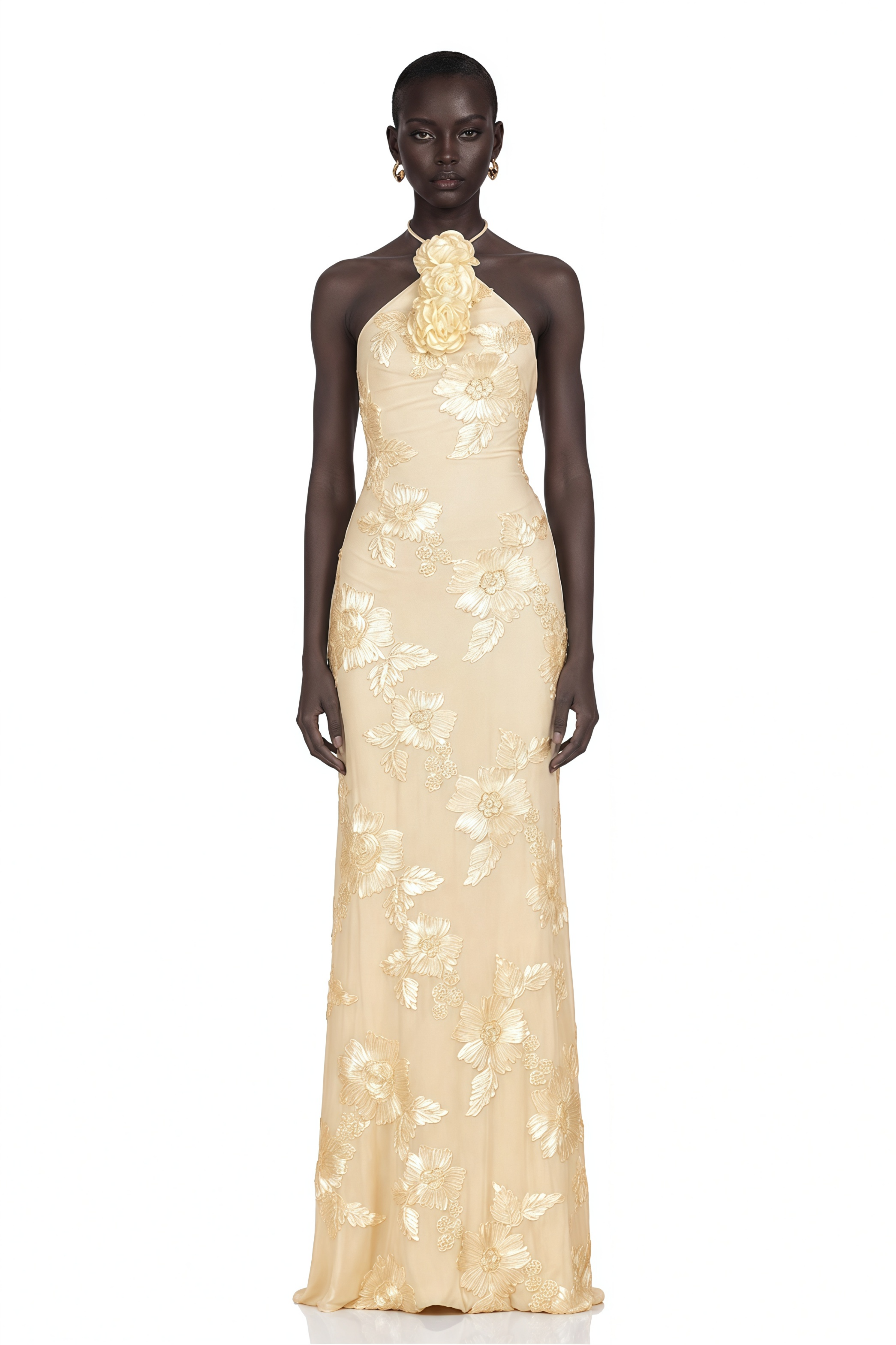 Melanie Neutrals Embroidered Halterneck Maxi Dress