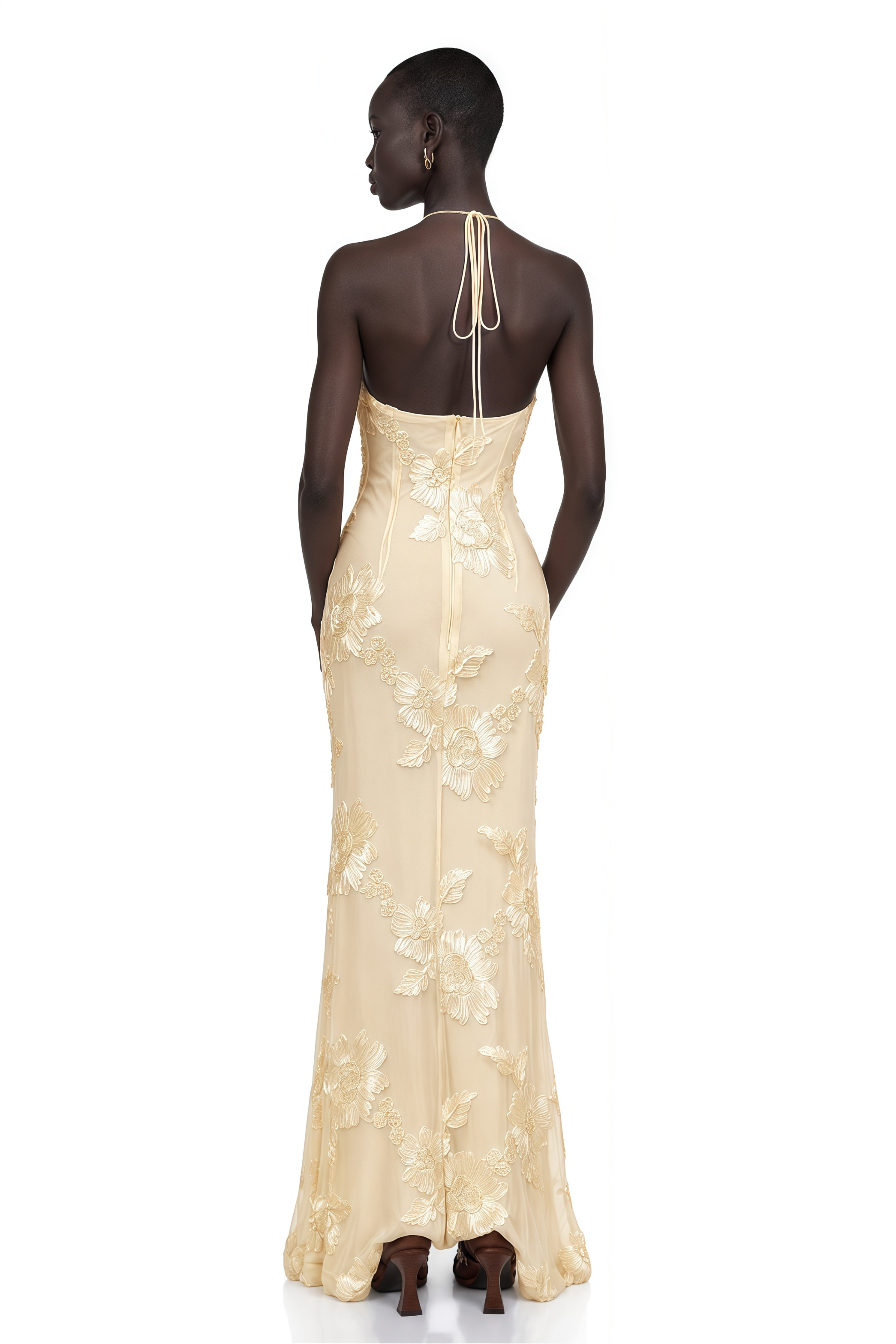 Melanie Neutrals Embroidered Halterneck Maxi Dress