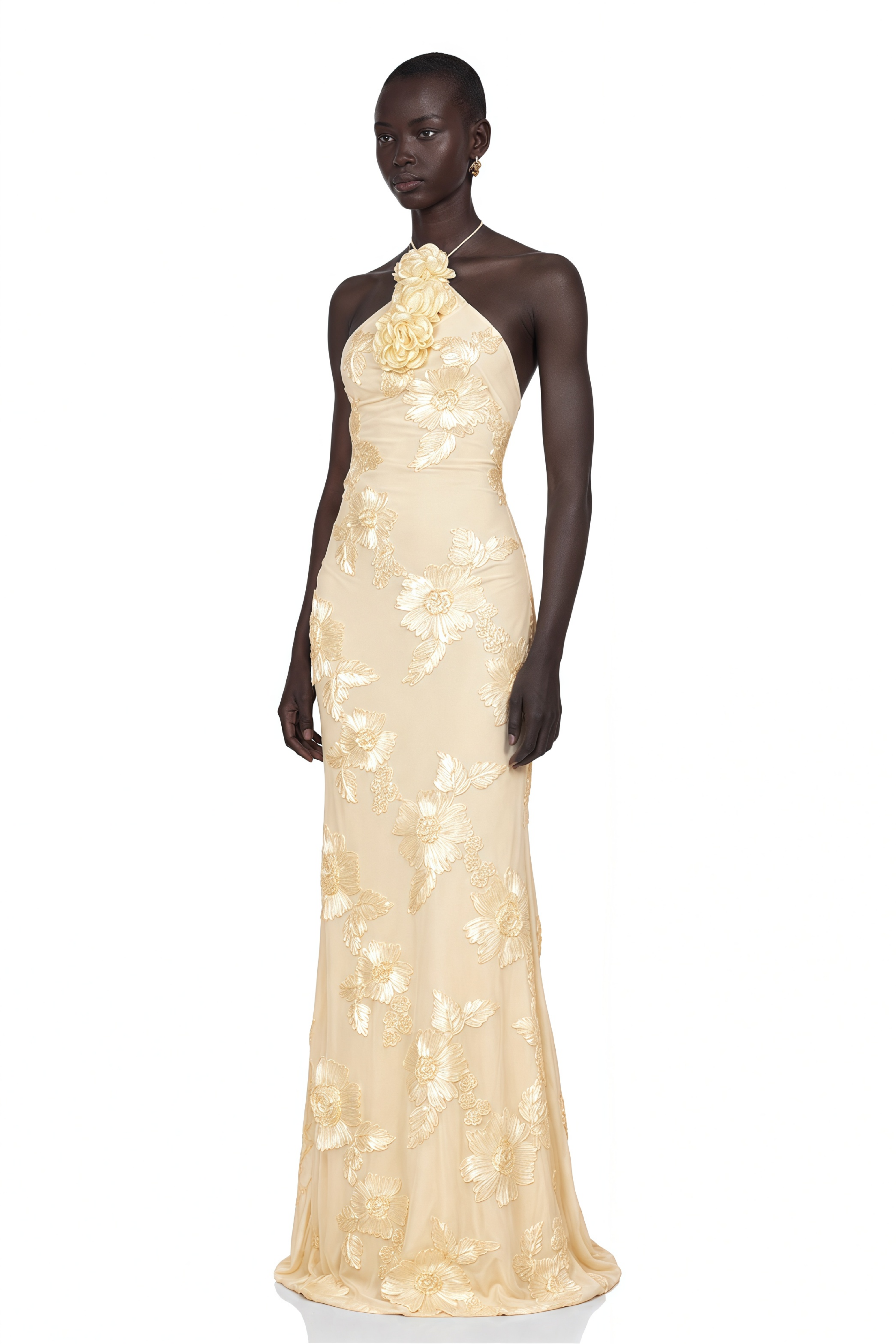 Melanie Neutrals Embroidered Halterneck Maxi Dress