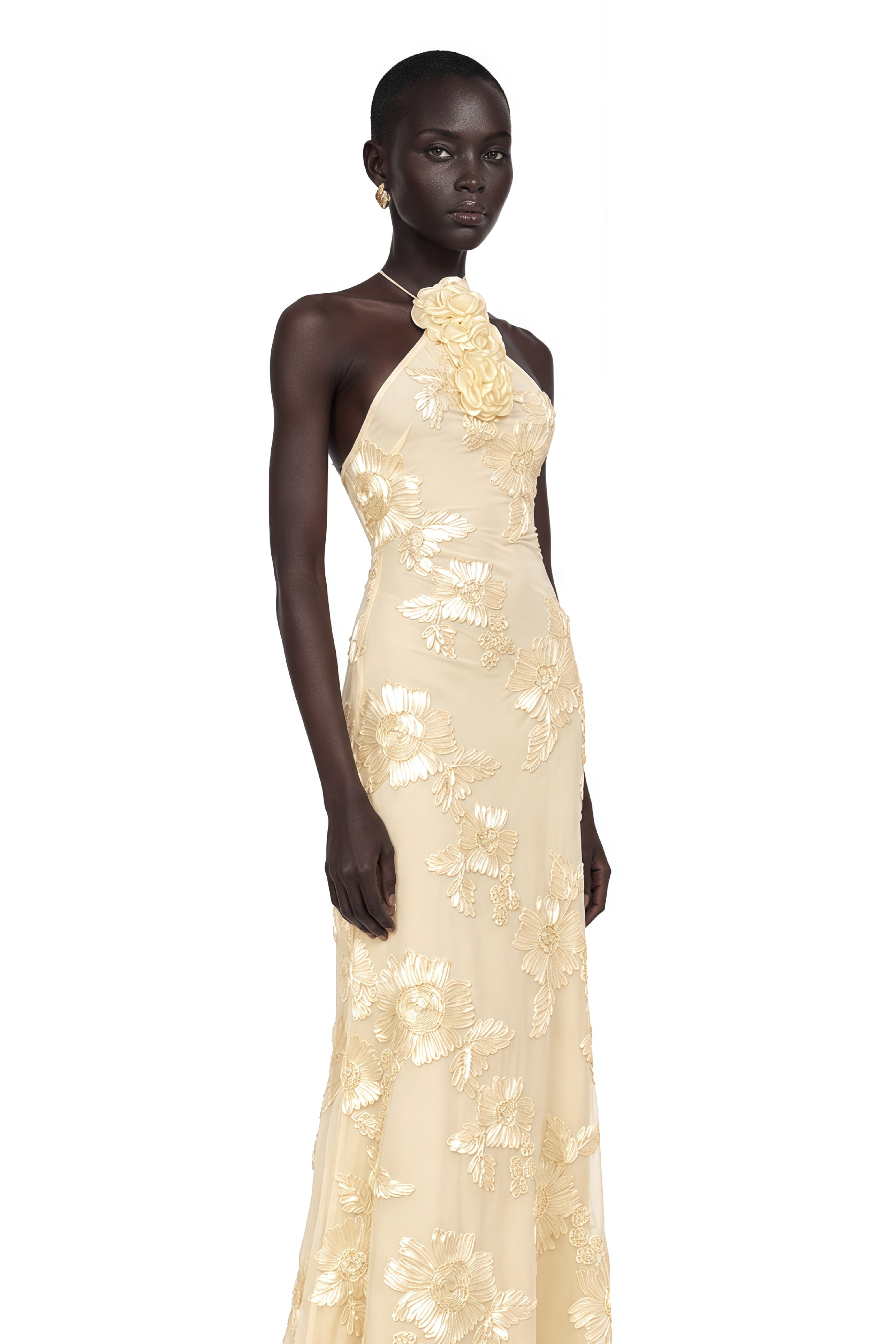 Melanie Neutrals Embroidered Halterneck Maxi Dress