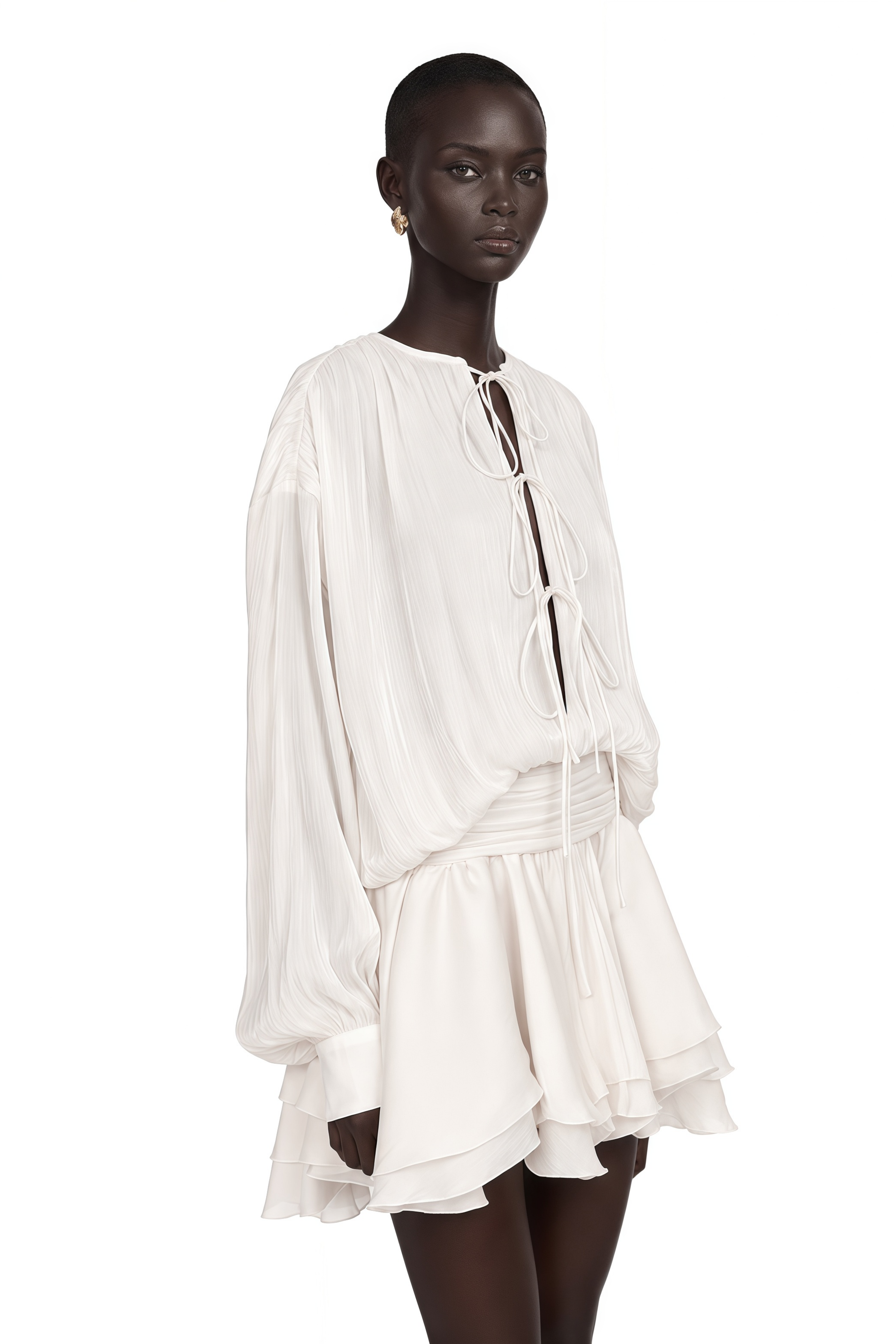 Mahault White Pleated Glitter-Effect Mini Dress