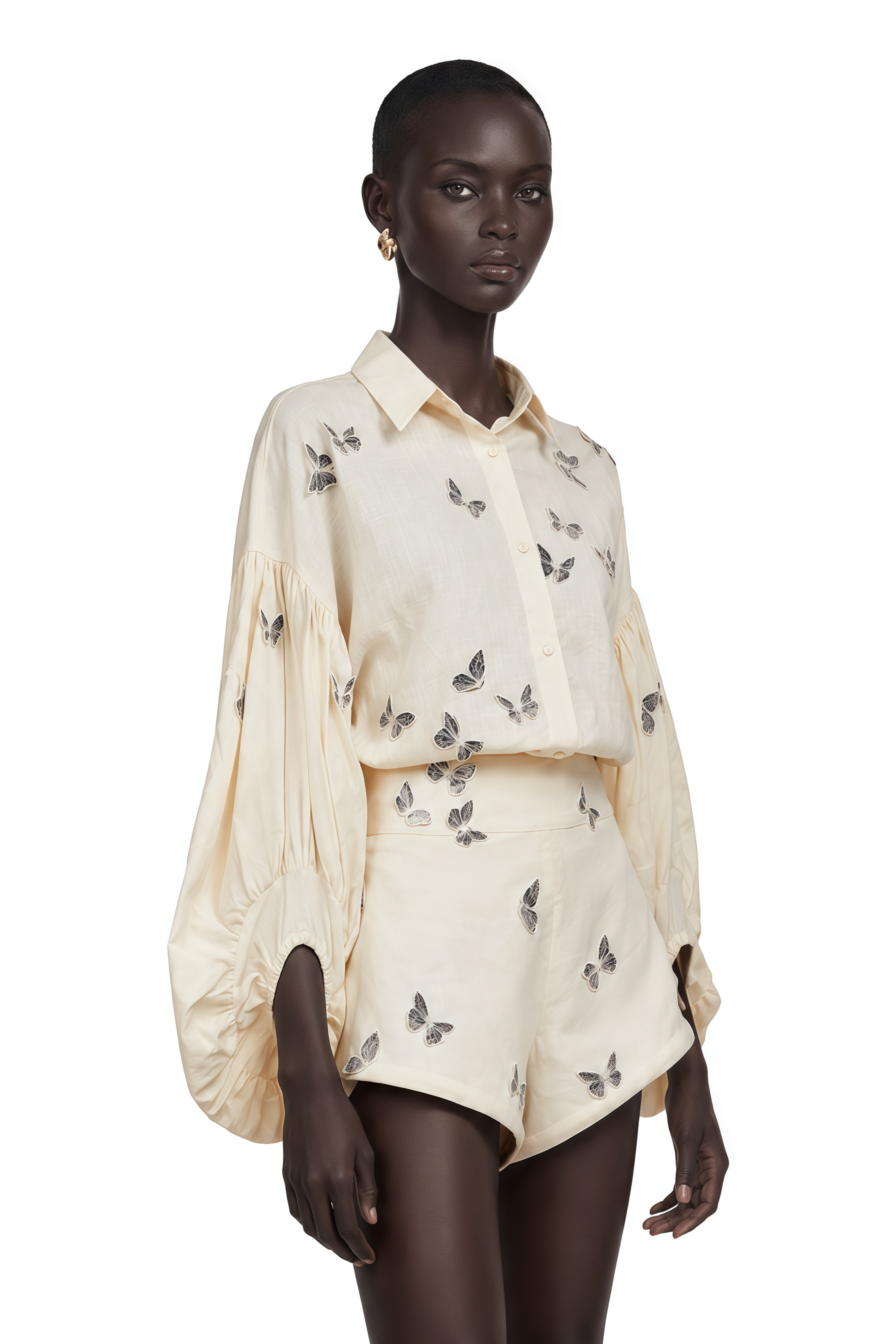 Ophélie White Butterfly Embroidered Shirt & Shorts Set