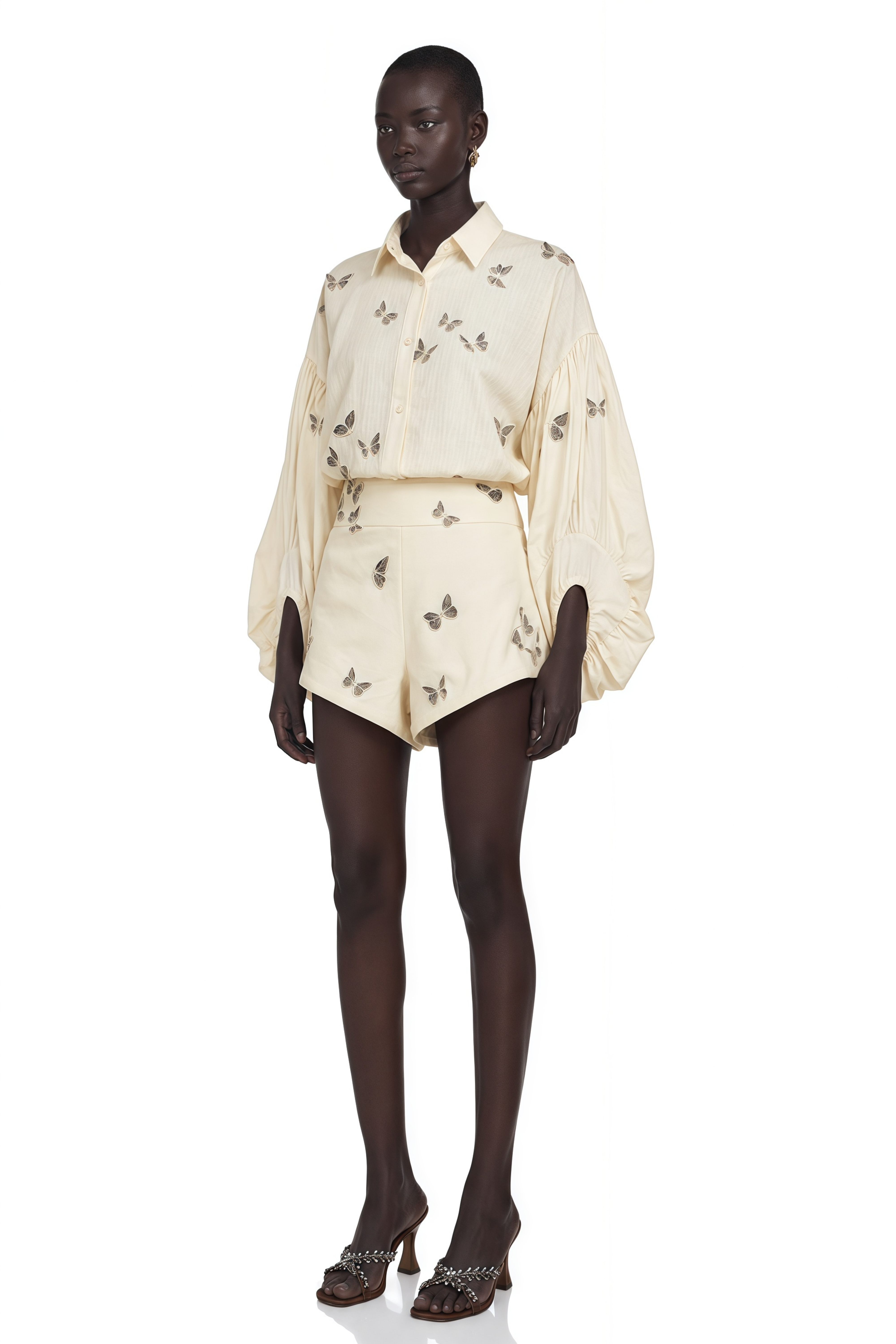 Ophélie White Butterfly Embroidered Shirt & Shorts Set