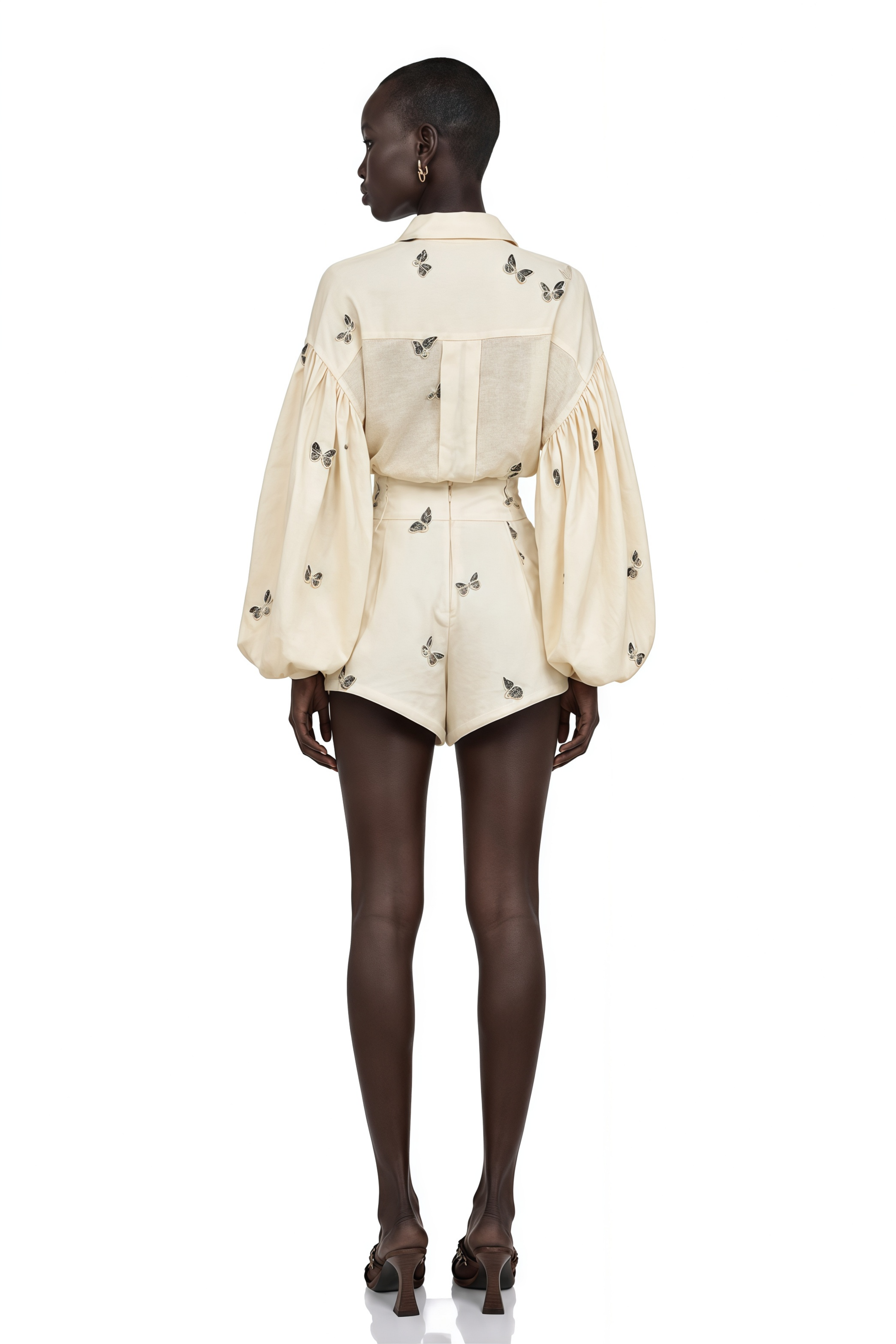 Ophélie White Butterfly Embroidered Shirt & Shorts Set