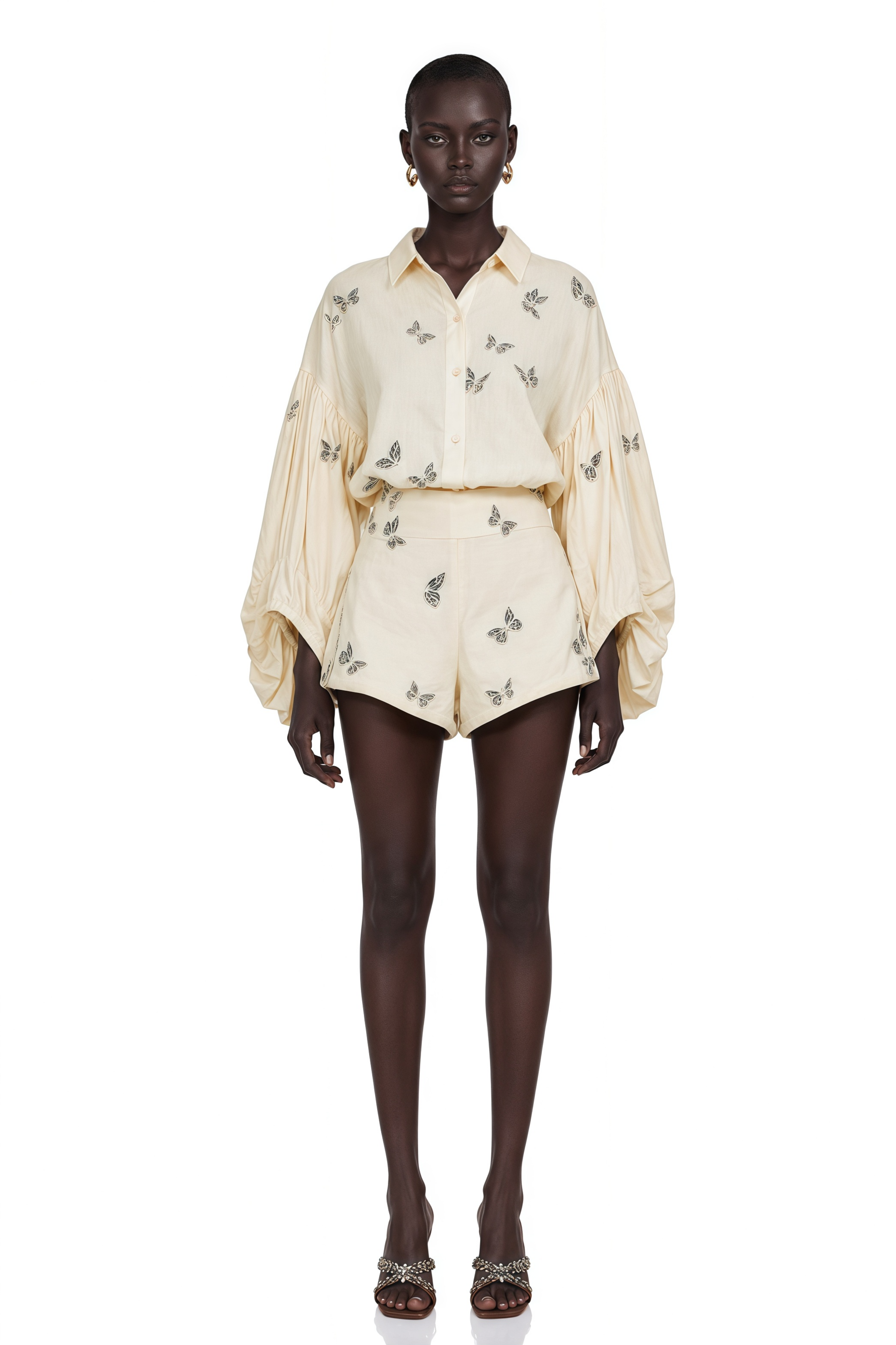 Ophélie White Butterfly Embroidered Shirt & Shorts Set – Miss