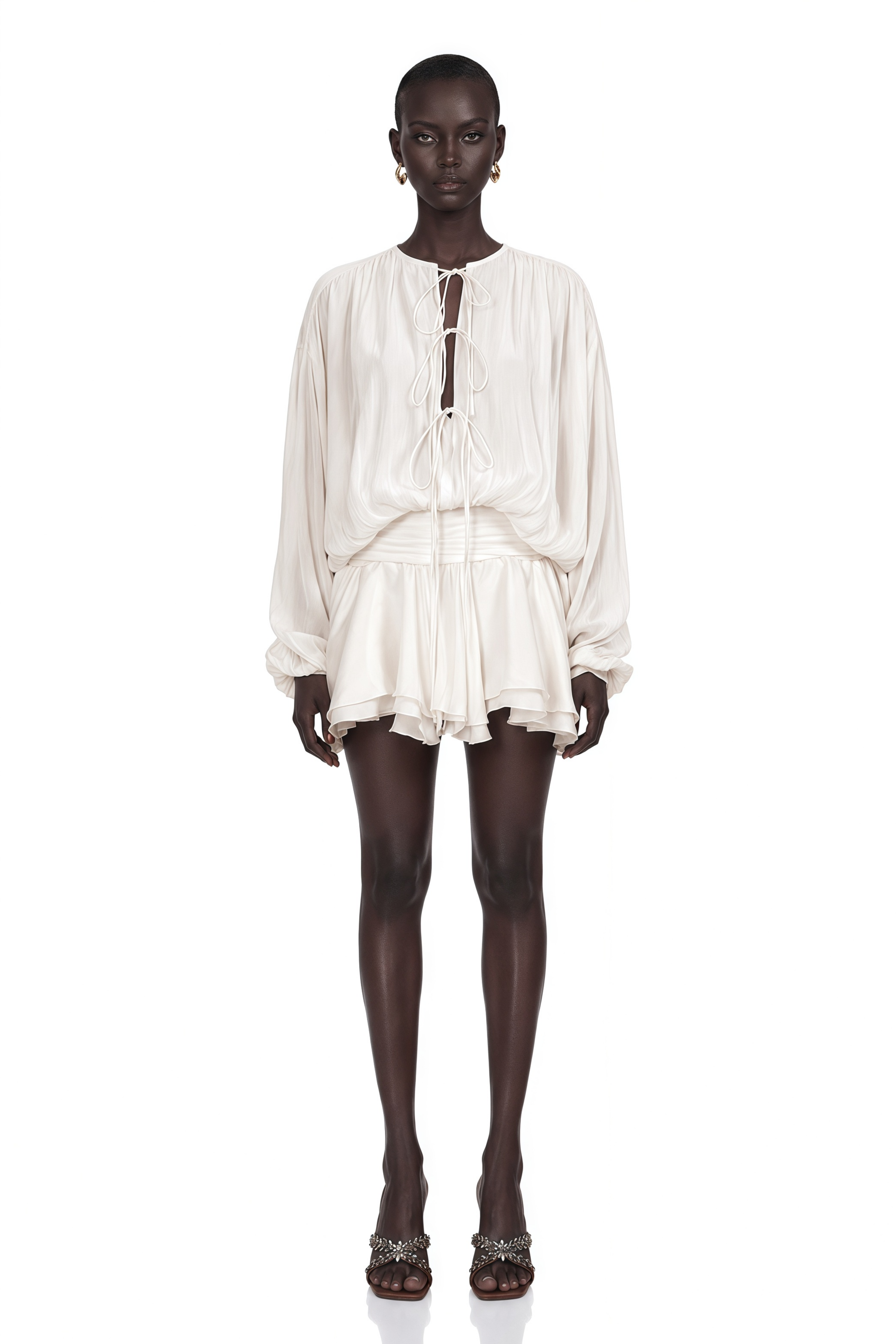 Mahault White Pleated Glitter-Effect Mini Dress