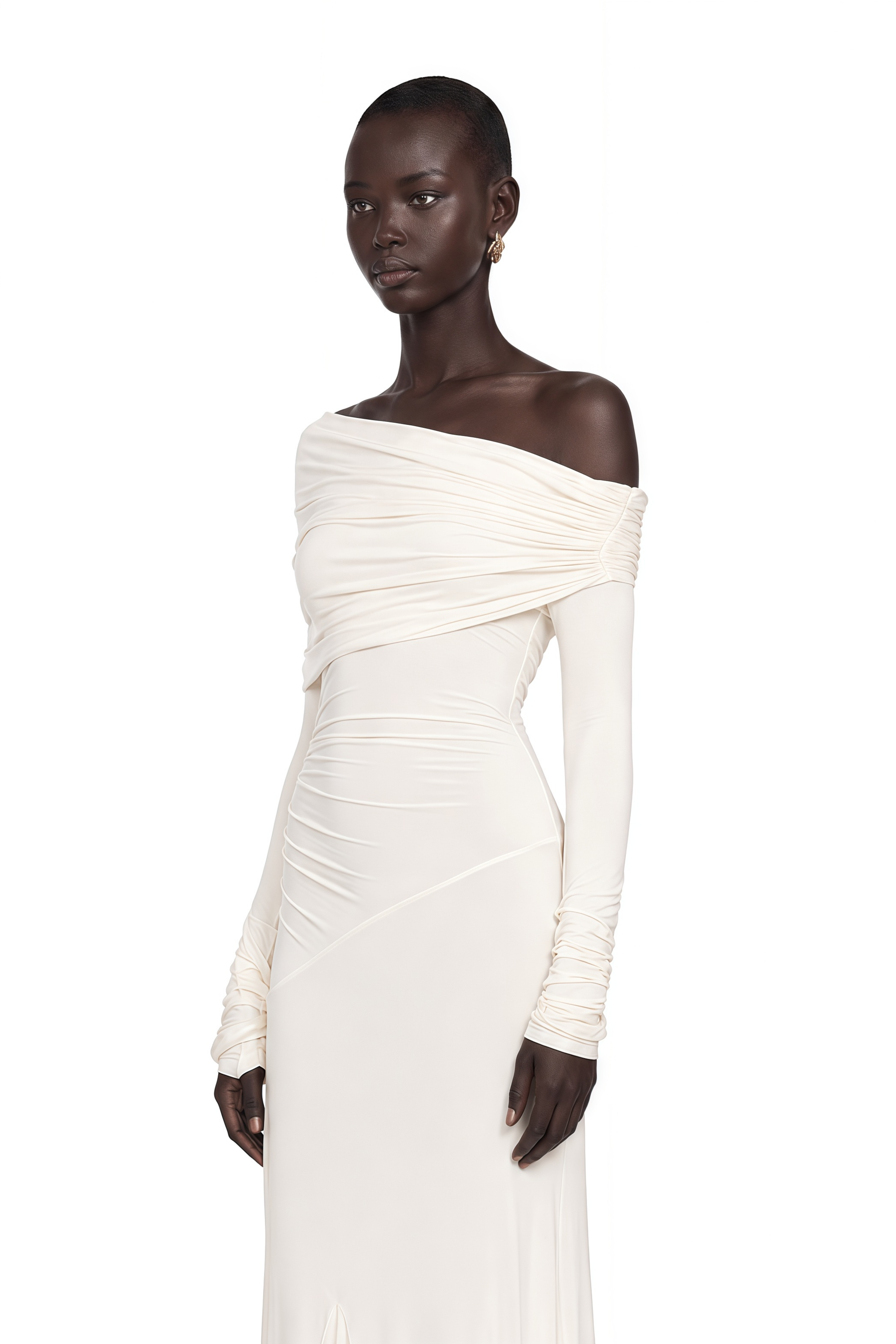 Delphine White Off-Shoulder Ruched Maxi Dress