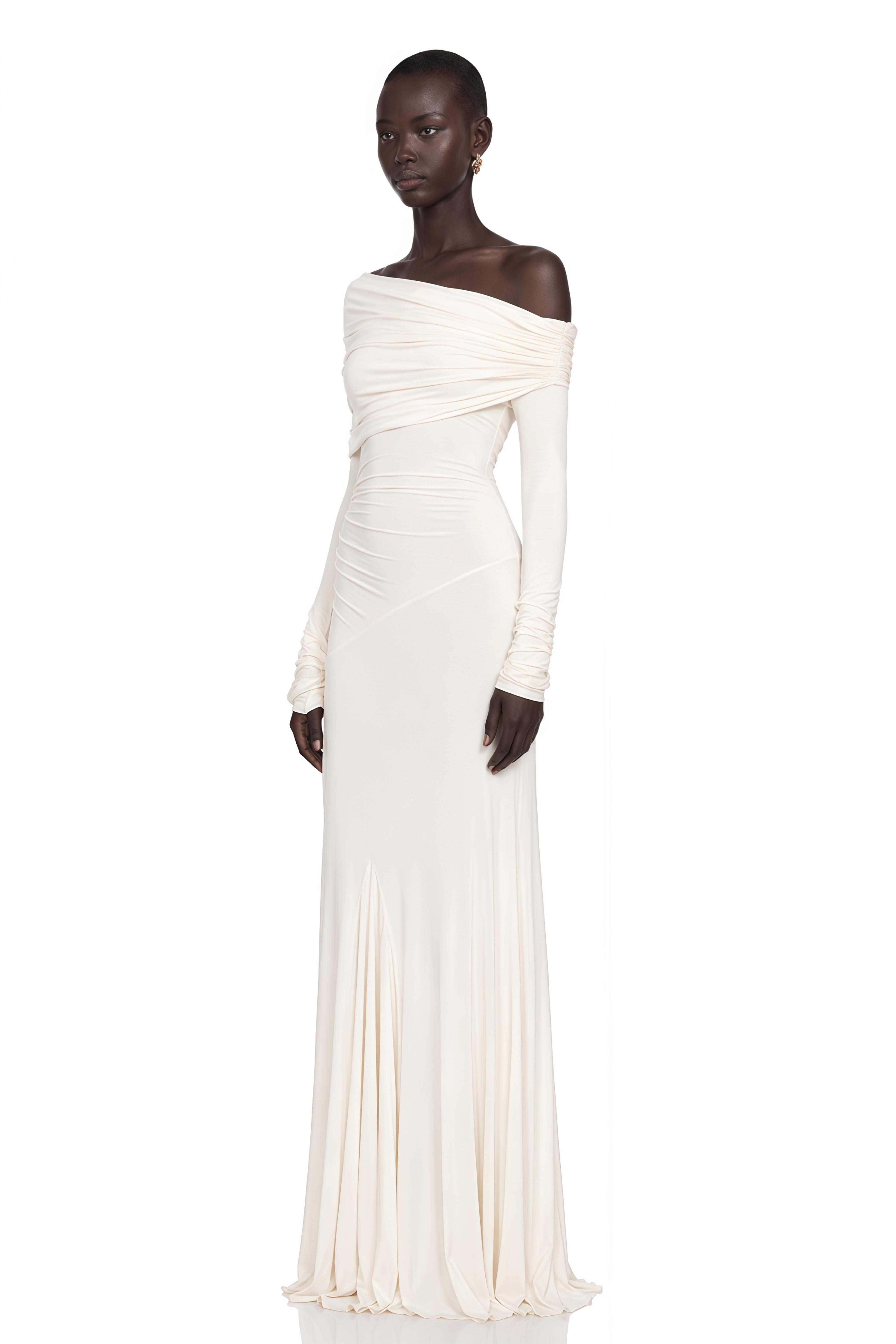 Delphine White Off-Shoulder Ruched Maxi Dress