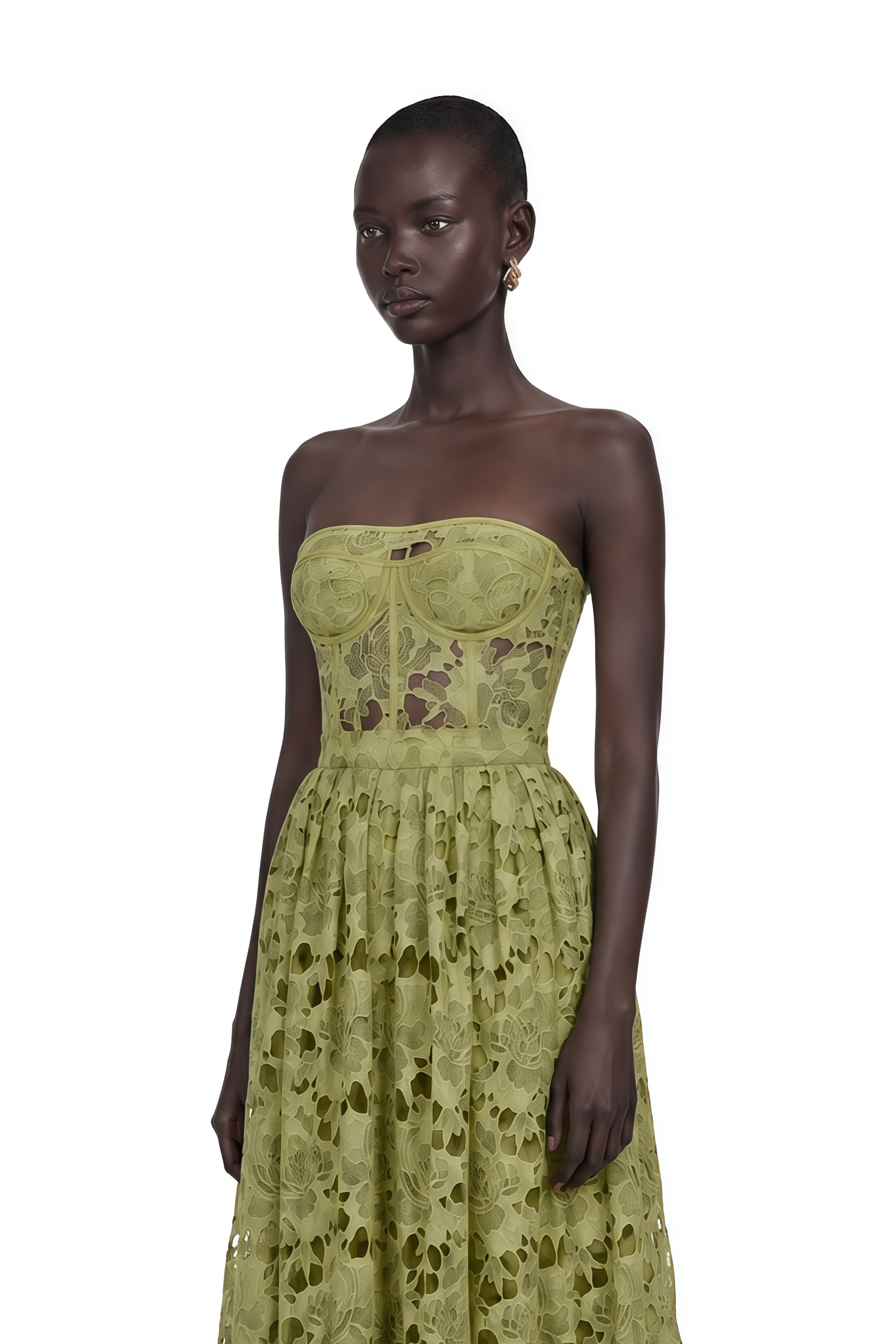 Inès Lace Floral Embroidered Cut-Out Midi Dress in Green – Miss