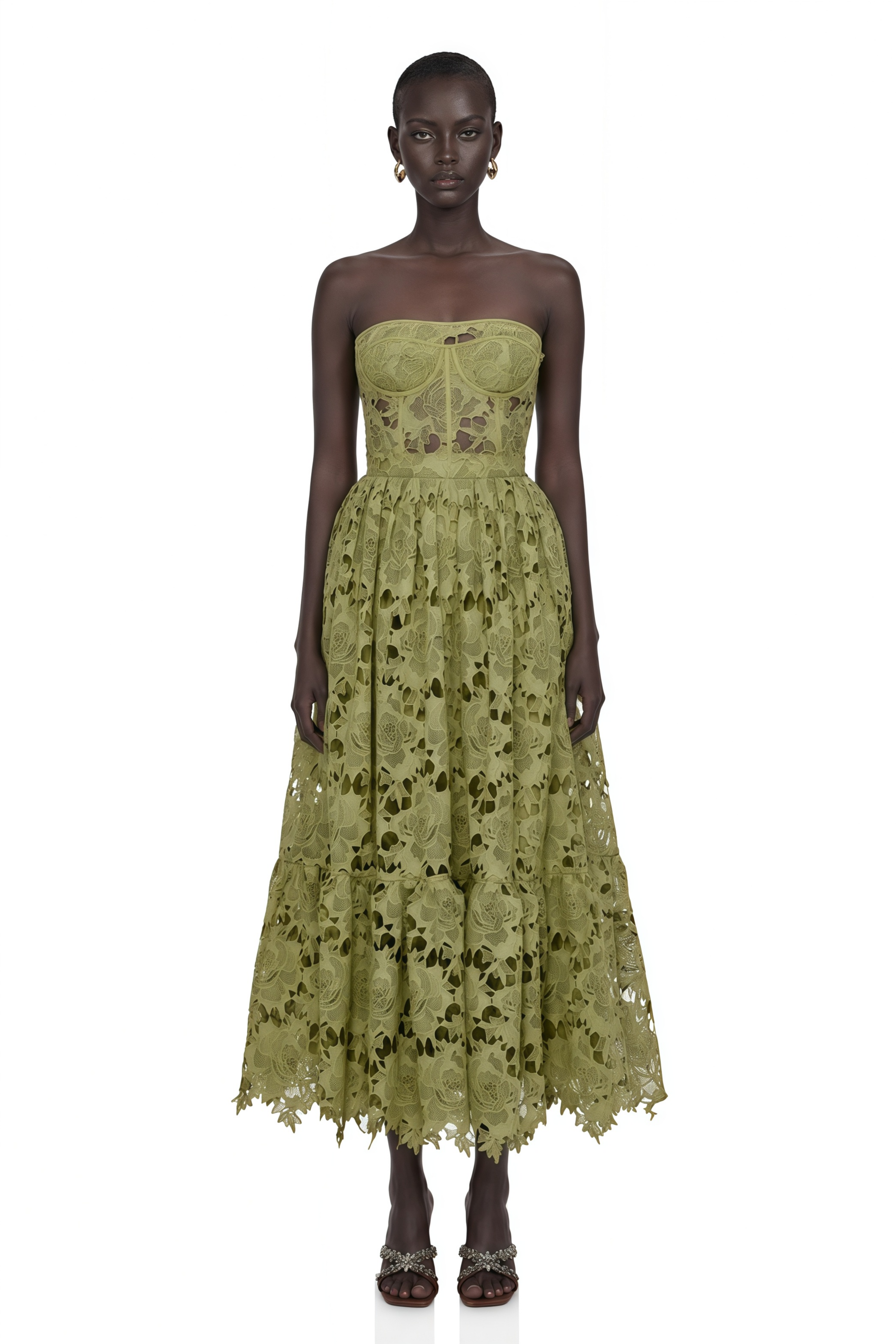 Inès Lace Floral Embroidered Cut-Out Midi Dress in Green