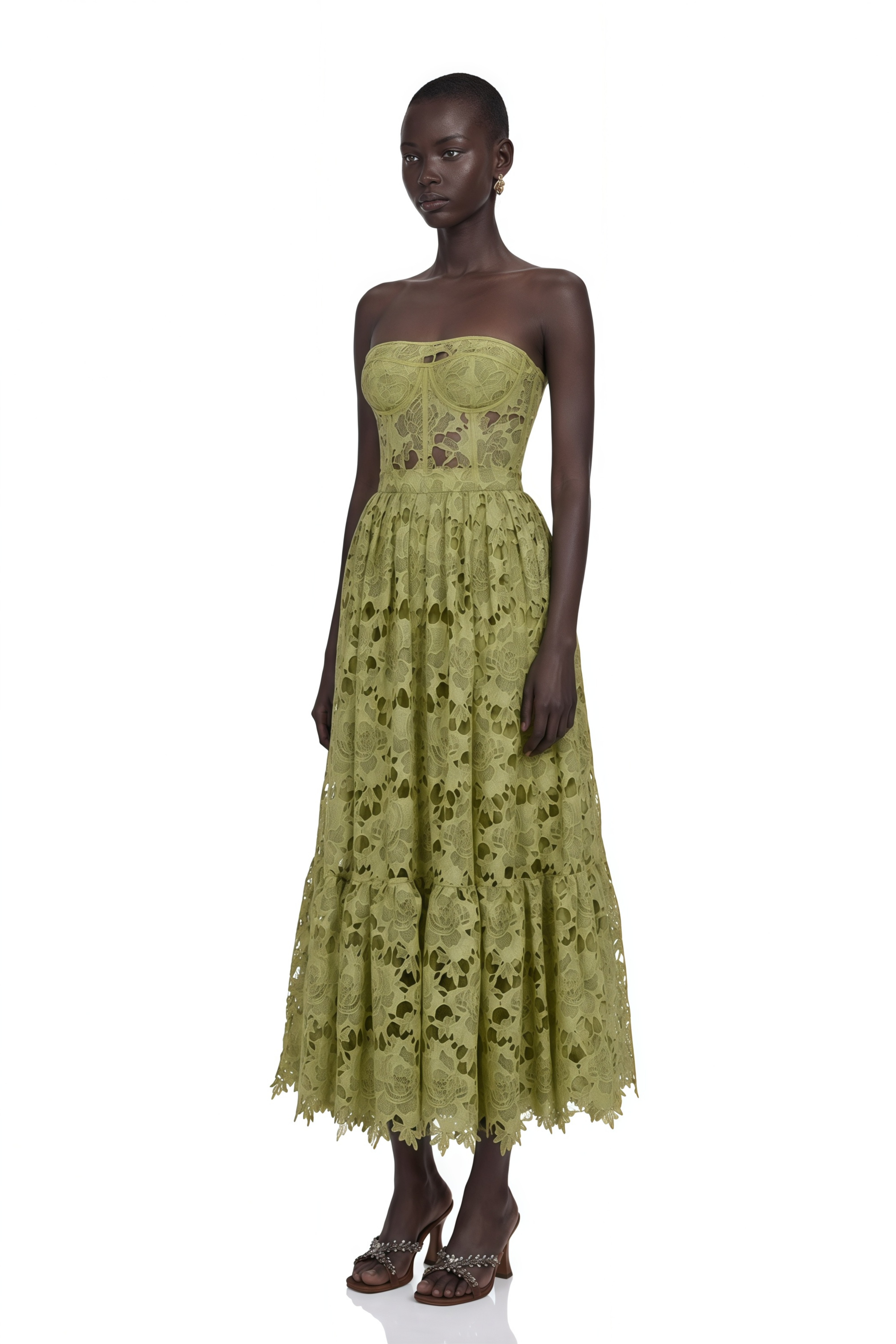 Inès Lace Floral Embroidered Cut-Out Midi Dress in Green – Miss