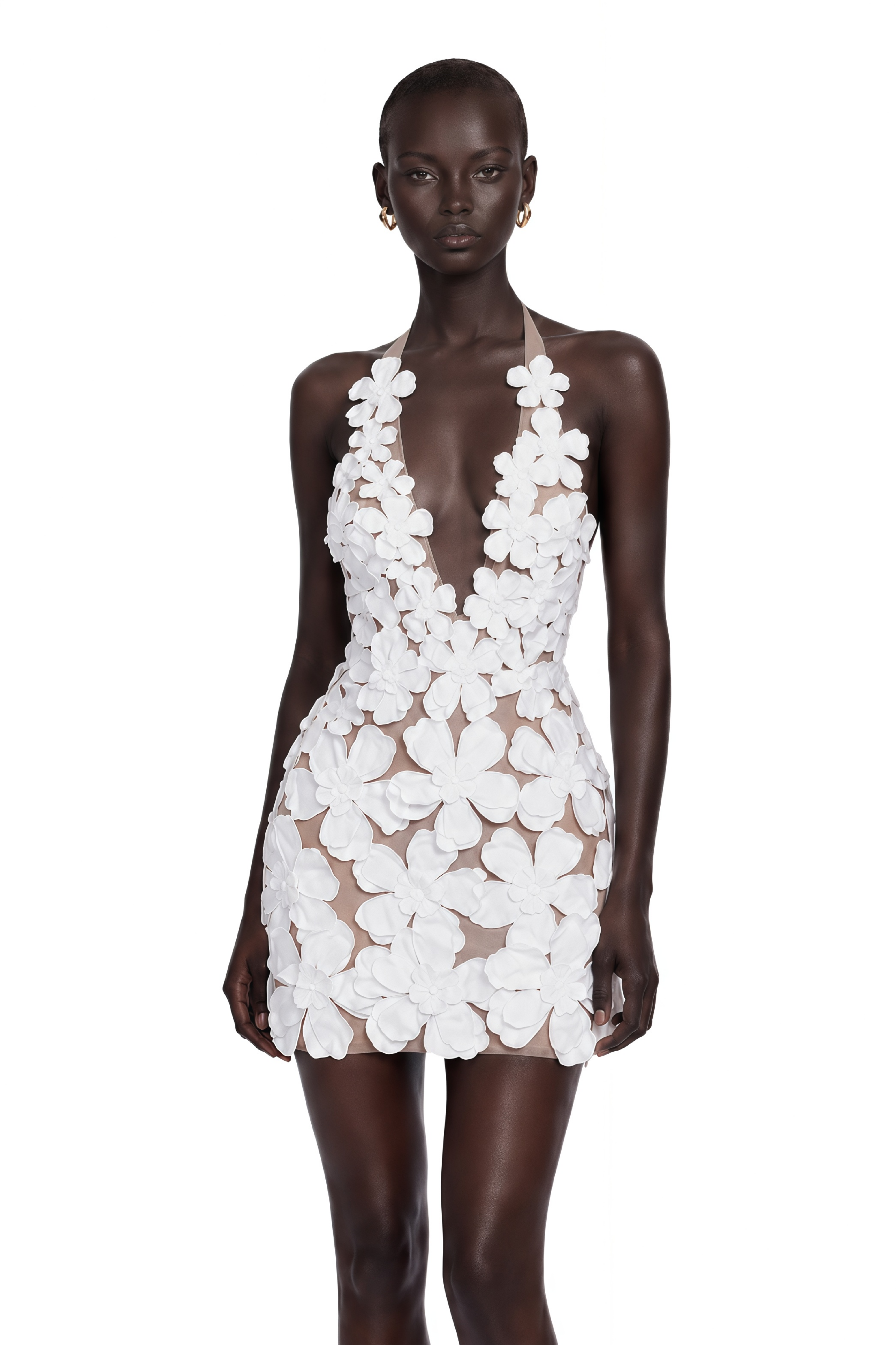 Elara White Halterneck 3D Petal Mini Dress