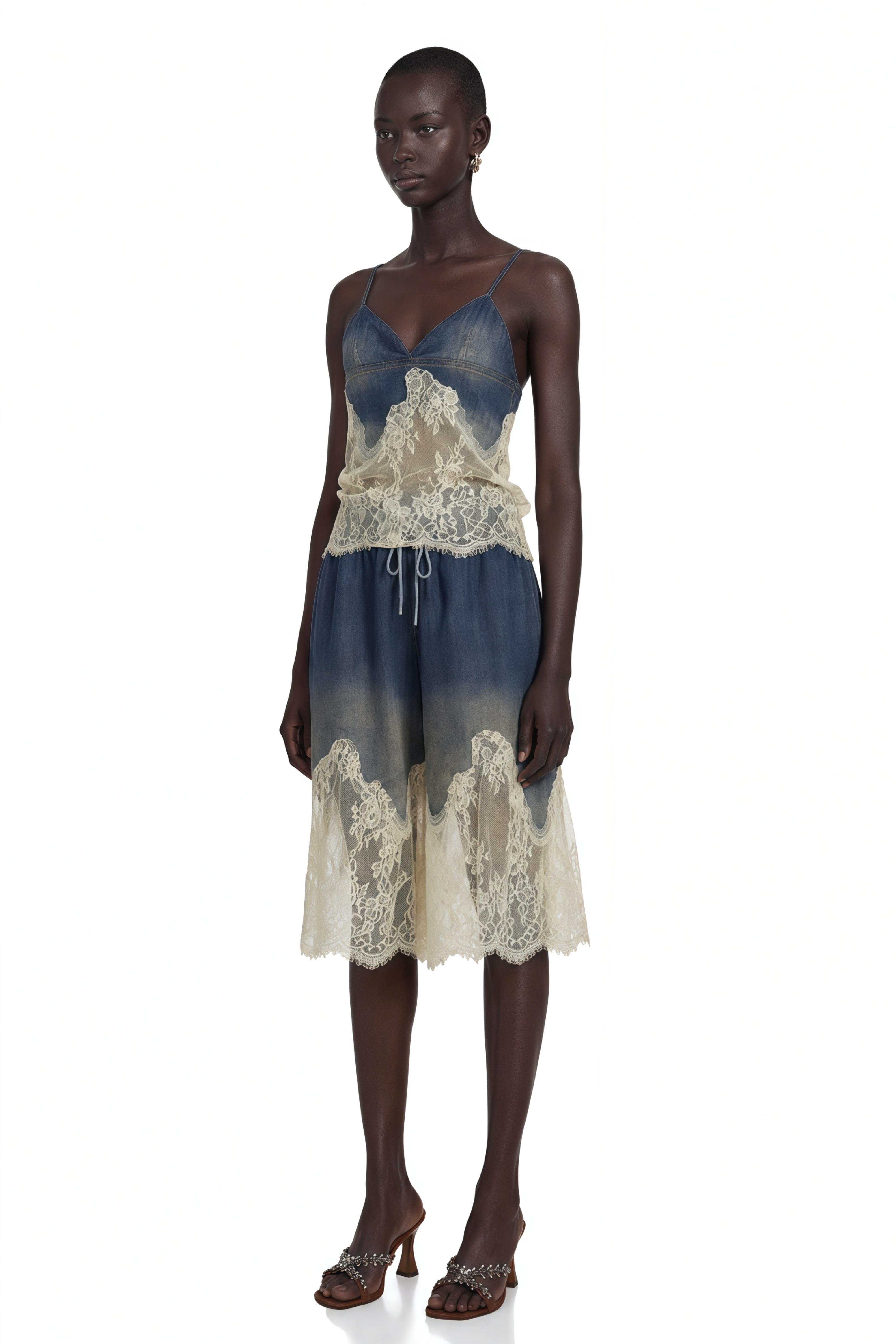 Sylvie Lace-Detail Denim Top & Shorts Matching Set