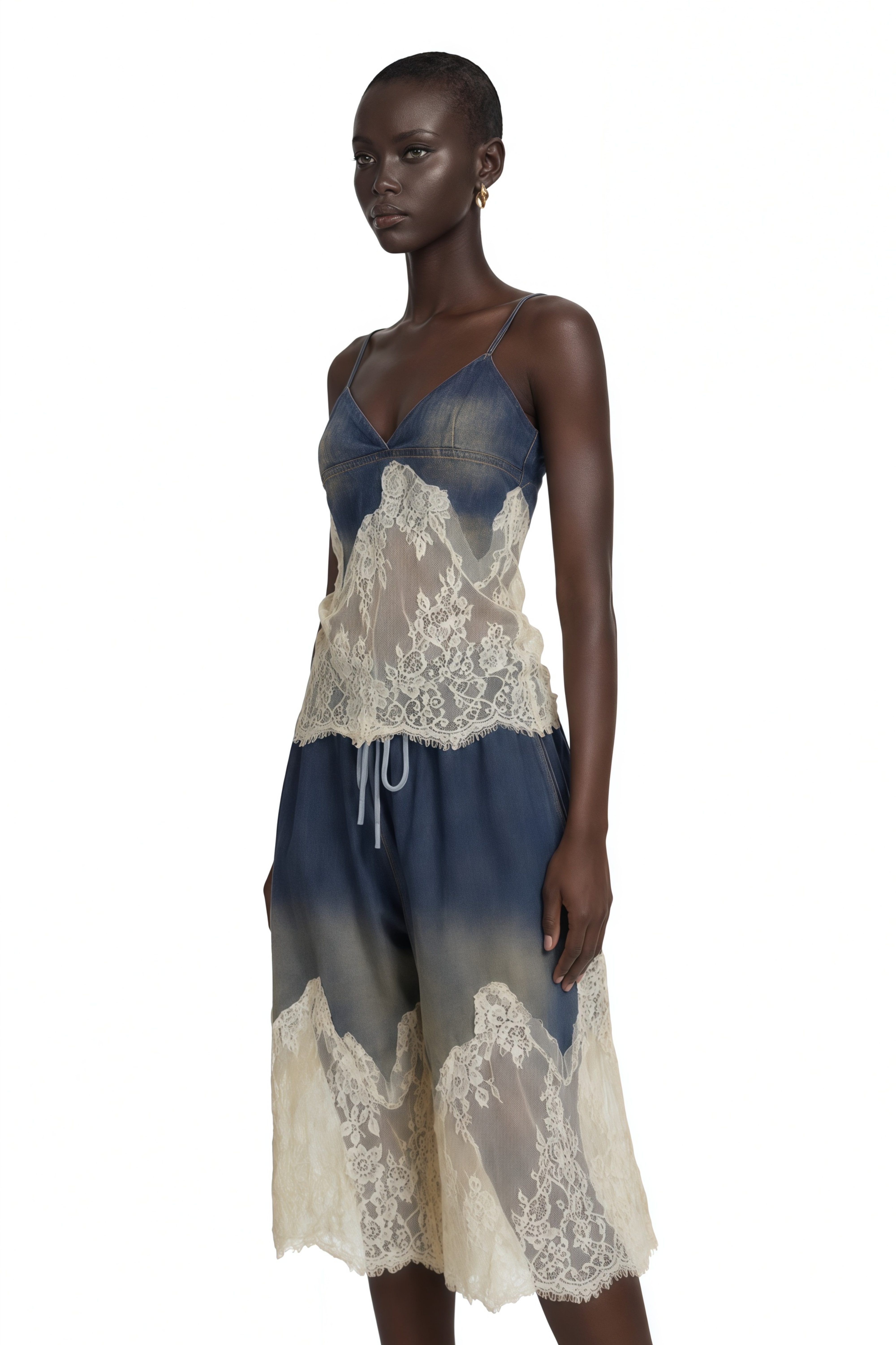 Sylvie Lace-Detail Denim Top & Shorts Matching Set