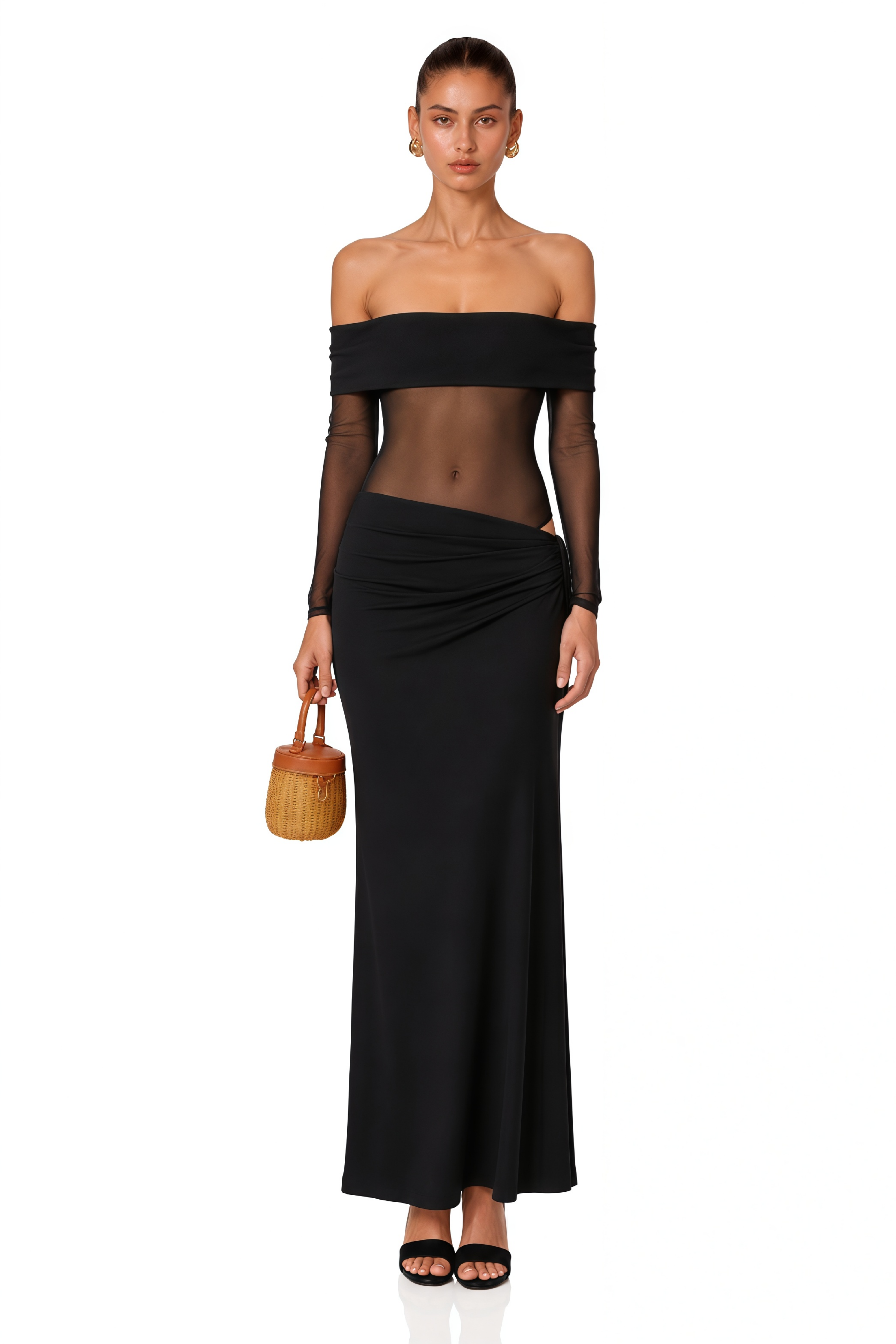 Estelle off-shoulder semi-sheer midi dress in Black
