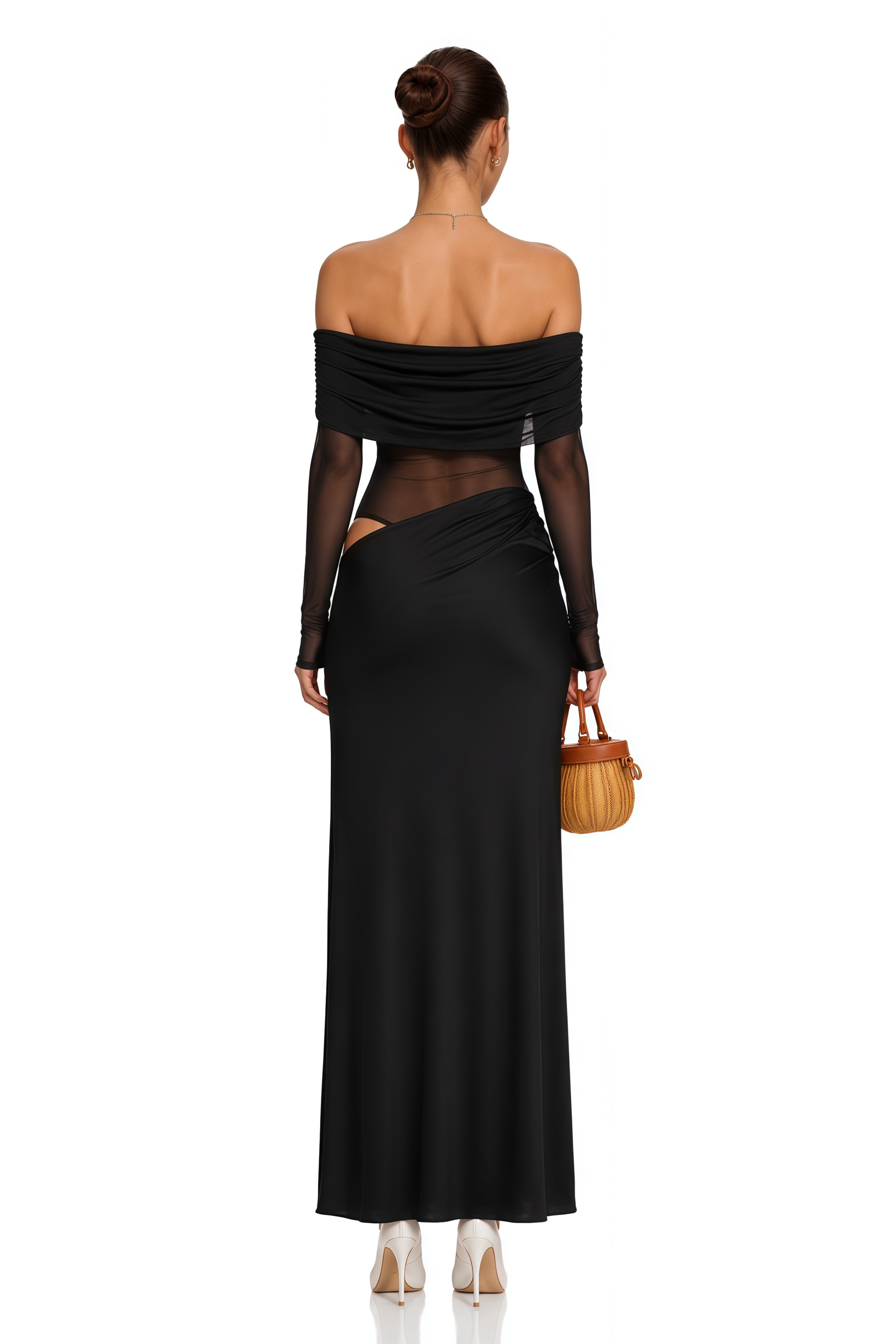 Estelle off-shoulder semi-sheer midi dress in Black
