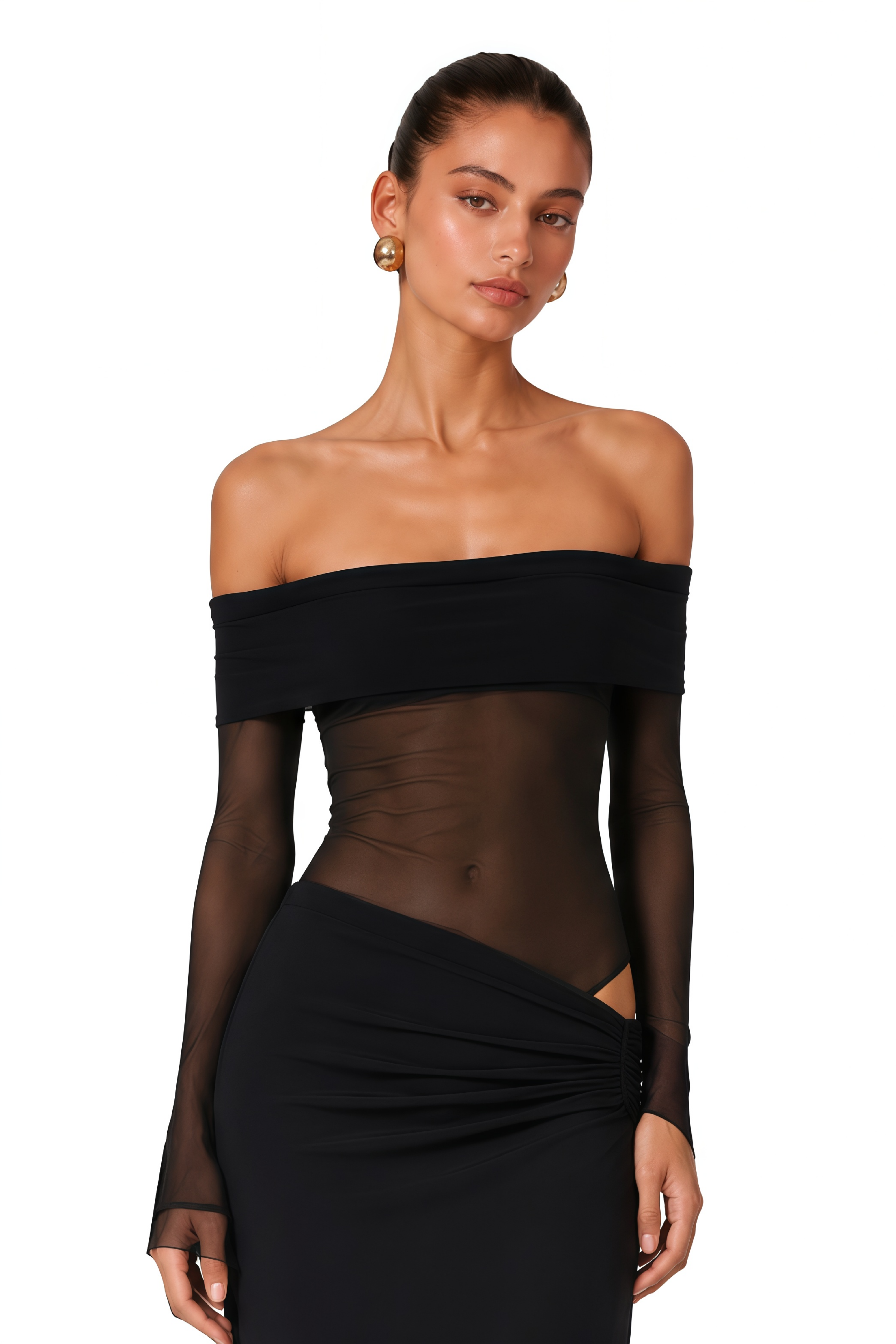 Estelle off-shoulder semi-sheer midi dress in Black