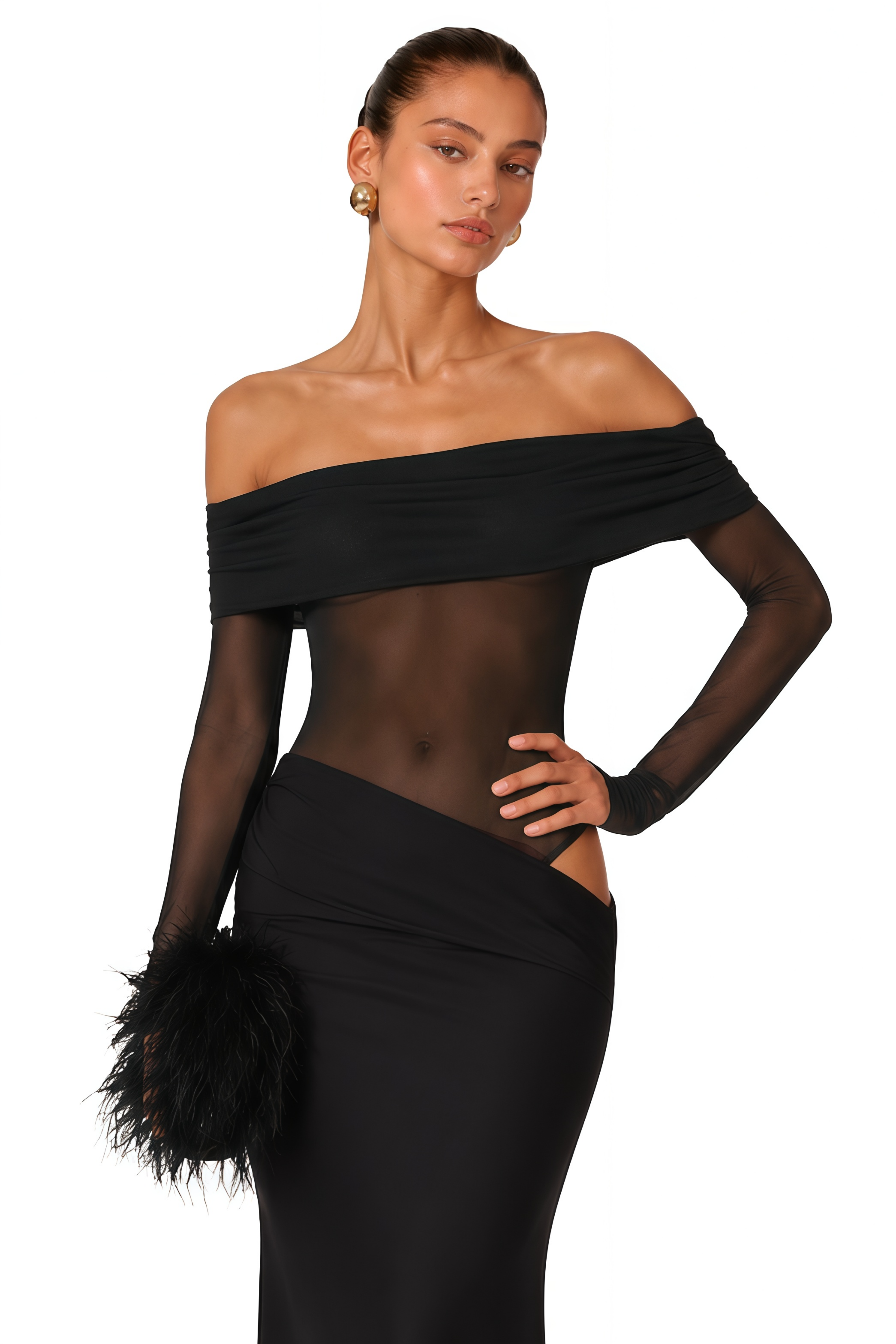 Estelle off-shoulder semi-sheer midi dress in Black
