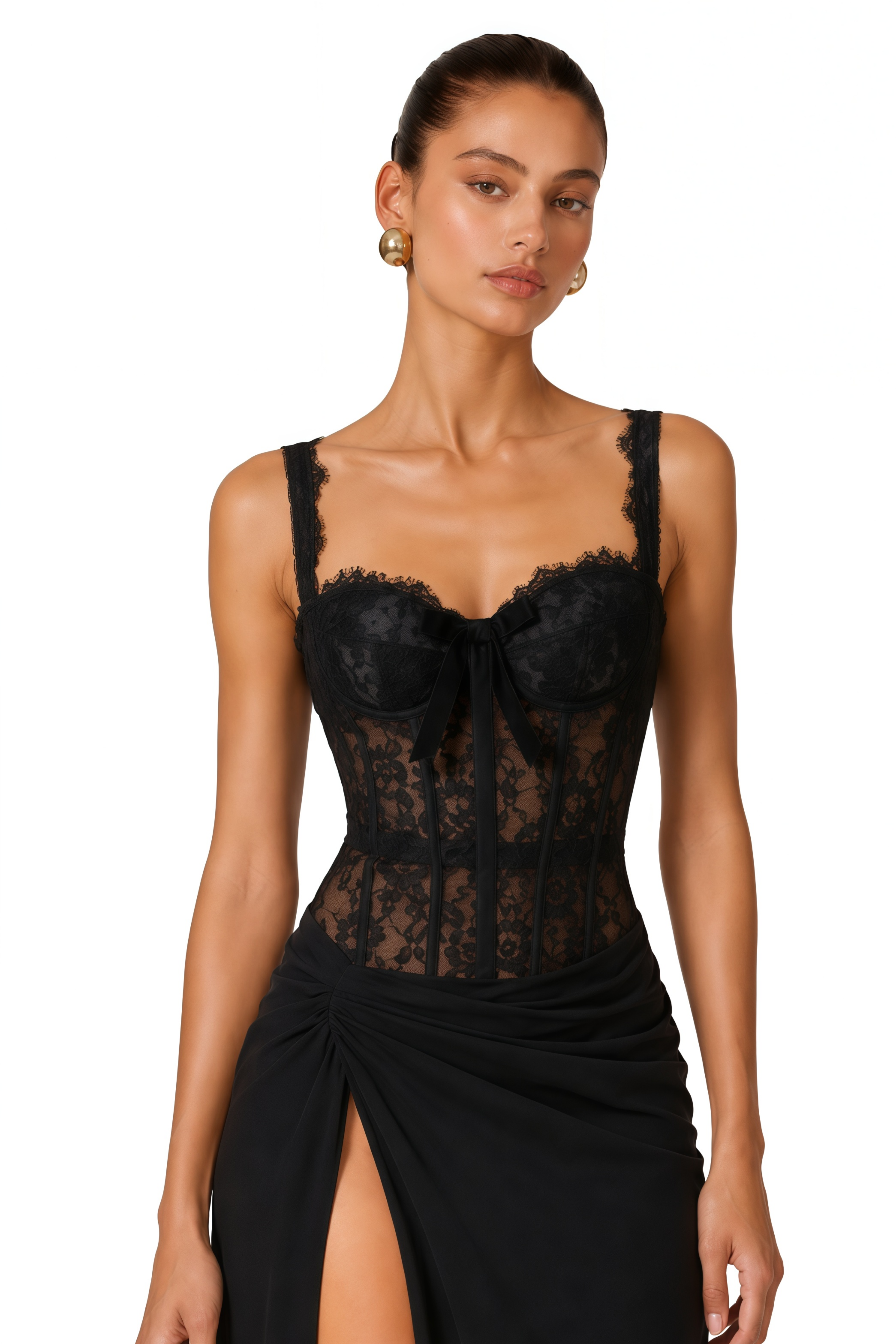 Francesca Black High Slit Floral Lace Maxi Dress