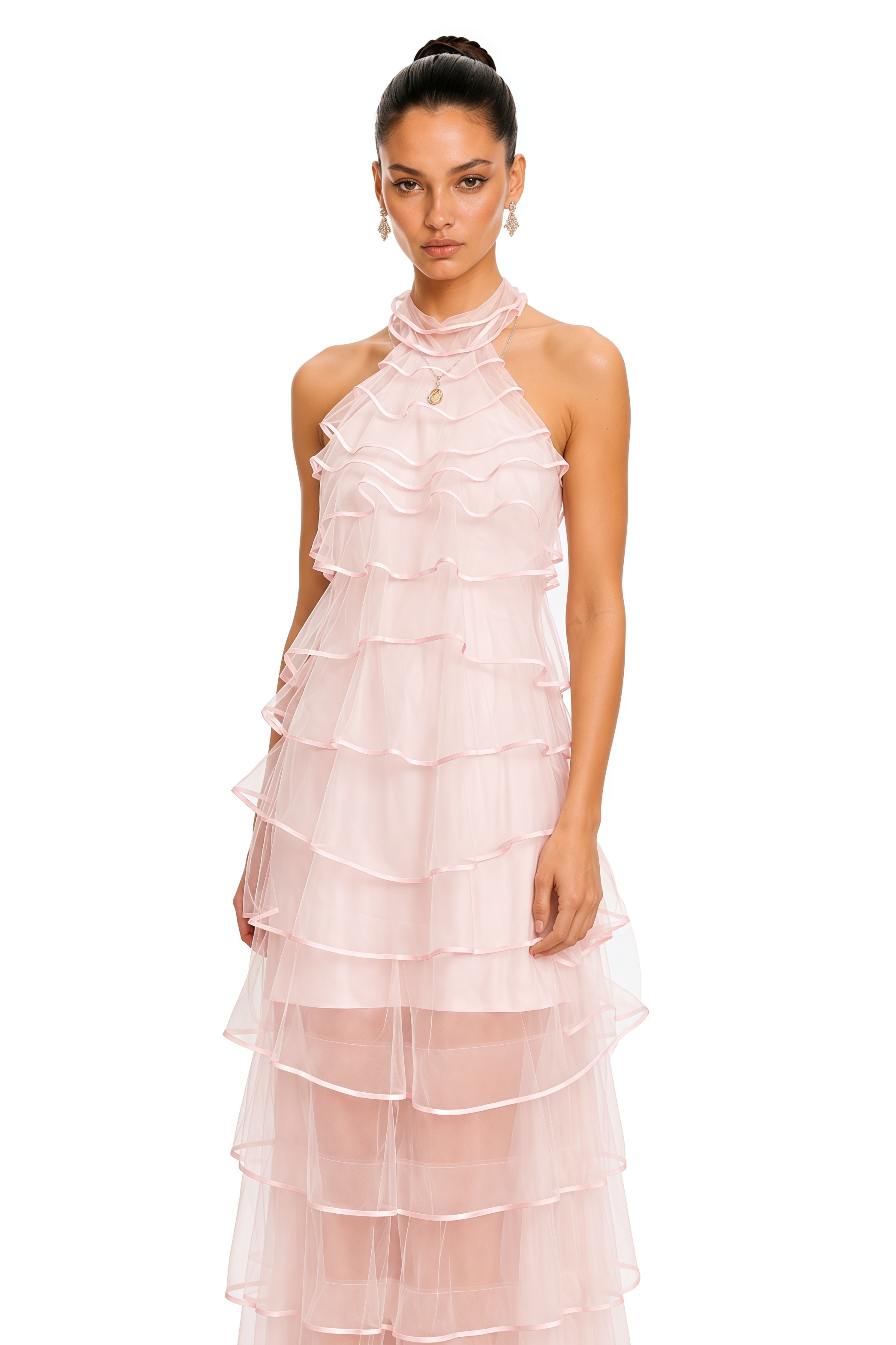 Nonchalante Pink Tiered Halterneck Maxi Dress