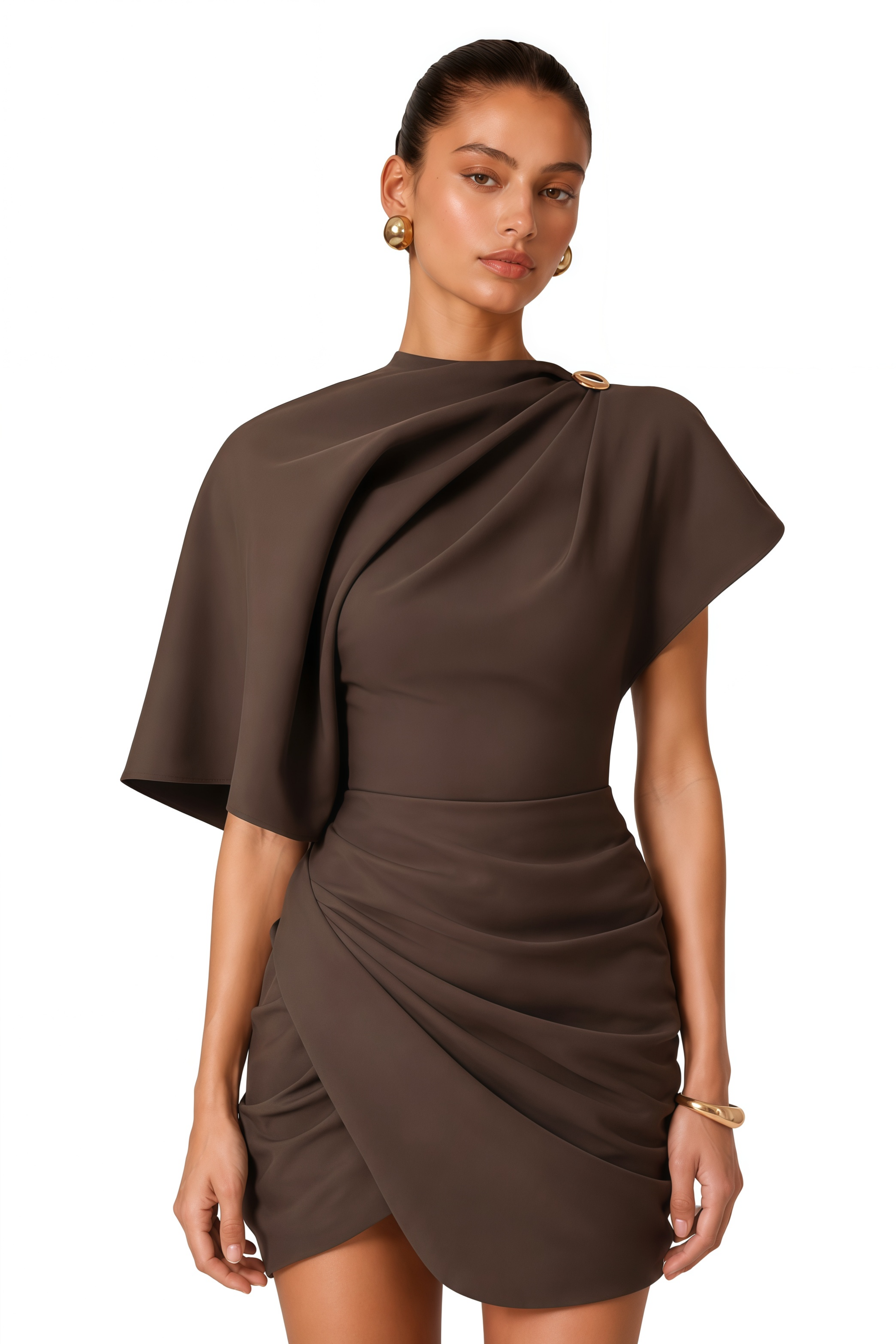 black and brown mini dress Francesca Asymmetrical Gathered Premium satin