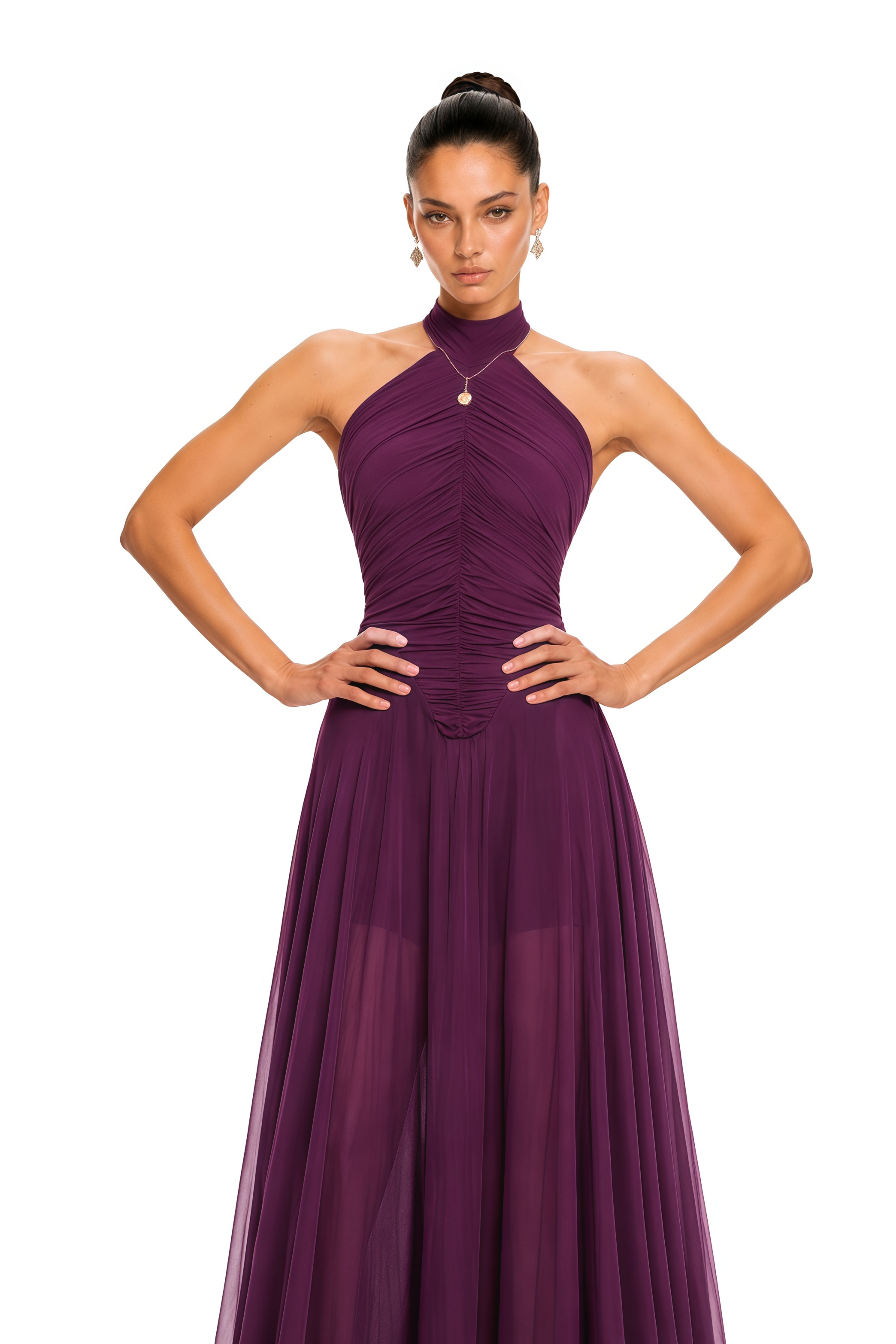 Kerstin Purple Train Design Ruched Maxi Dress