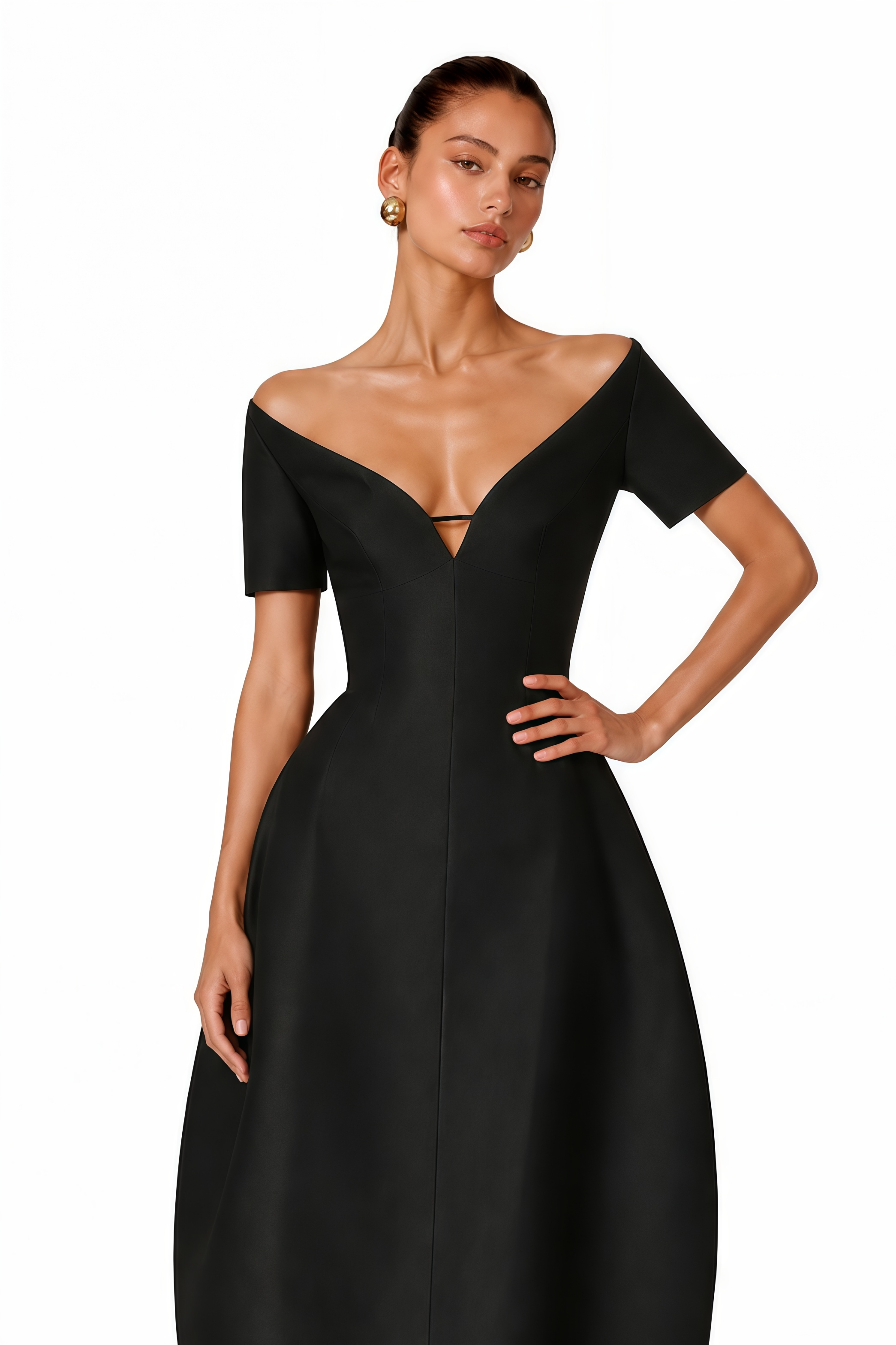 Heidi Black Plunge Neck Asymmetrical Midi Dress