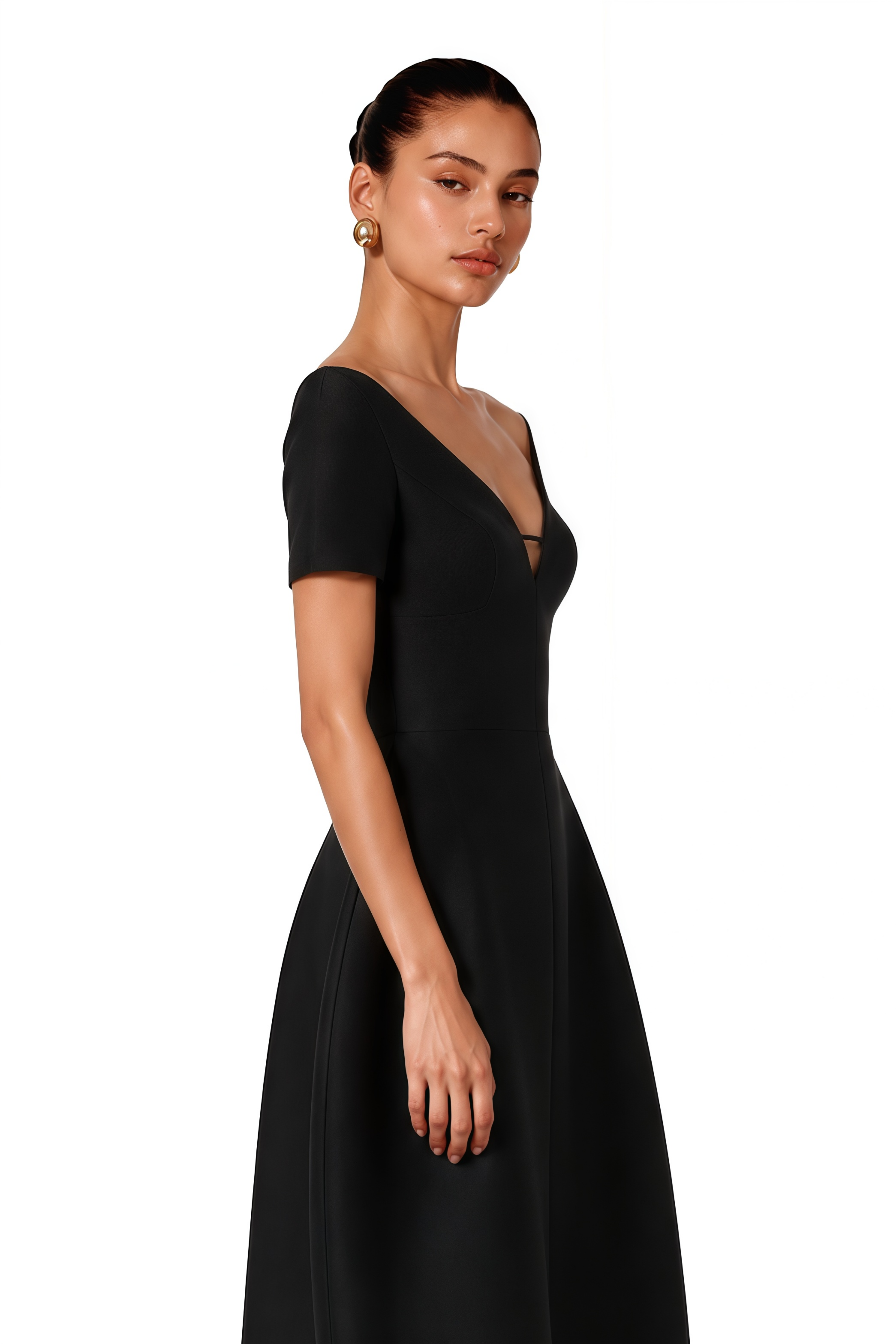 Heidi Black Plunge Neck Asymmetrical Midi Dress
