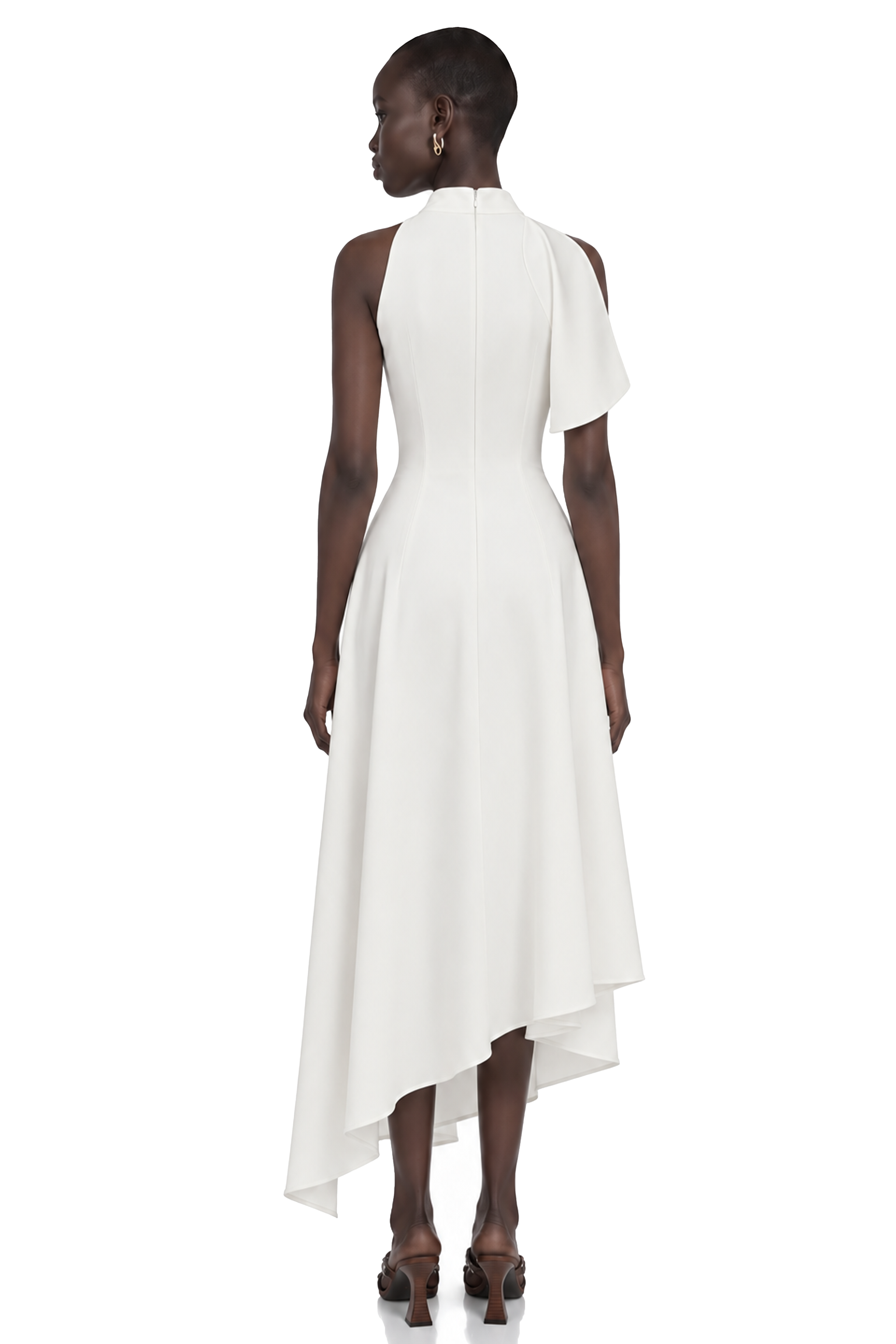 Liana White Asymmetrical Flared Midi Dress