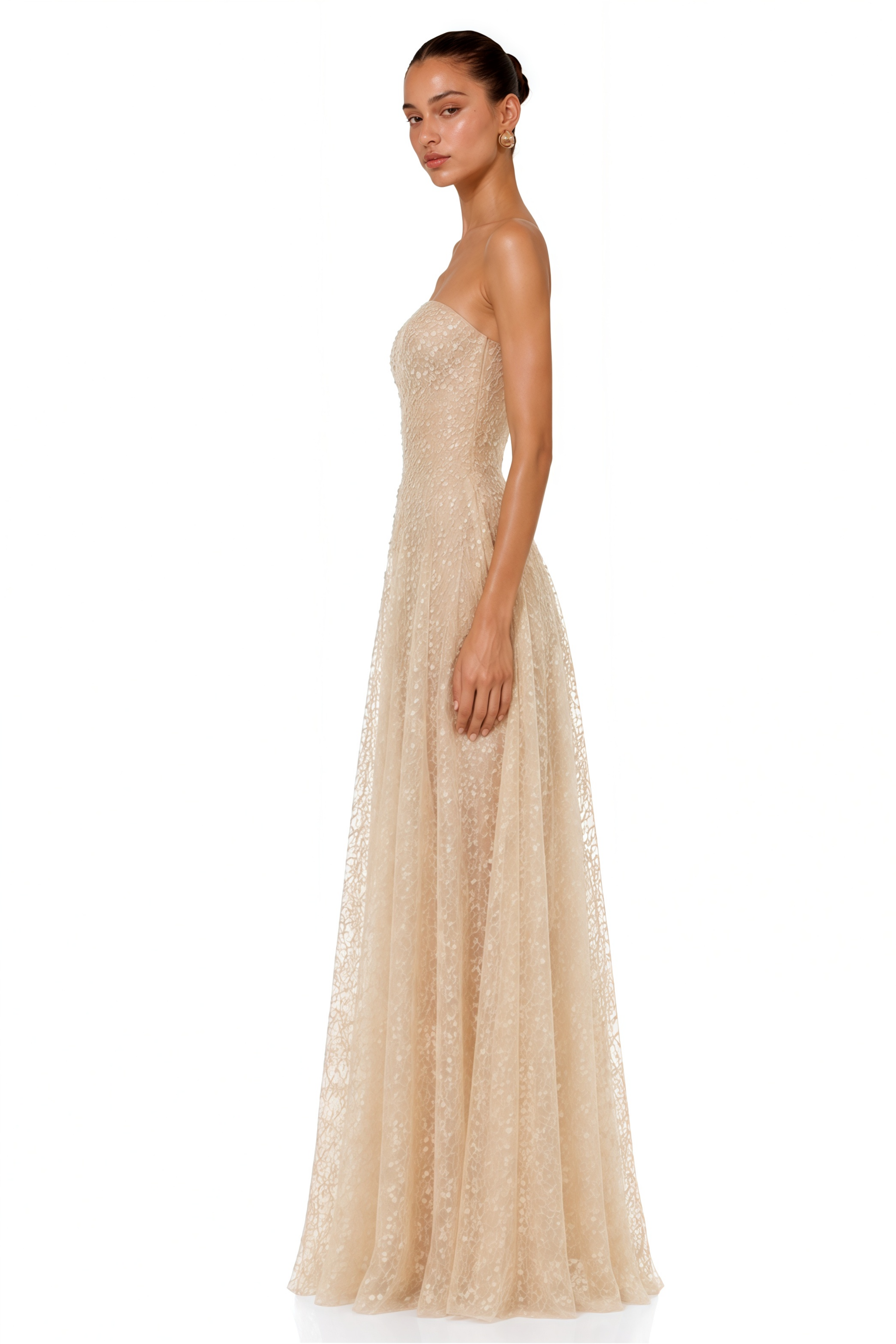 Ginetta Neutral Sequined Floral Lace Maxi Dress