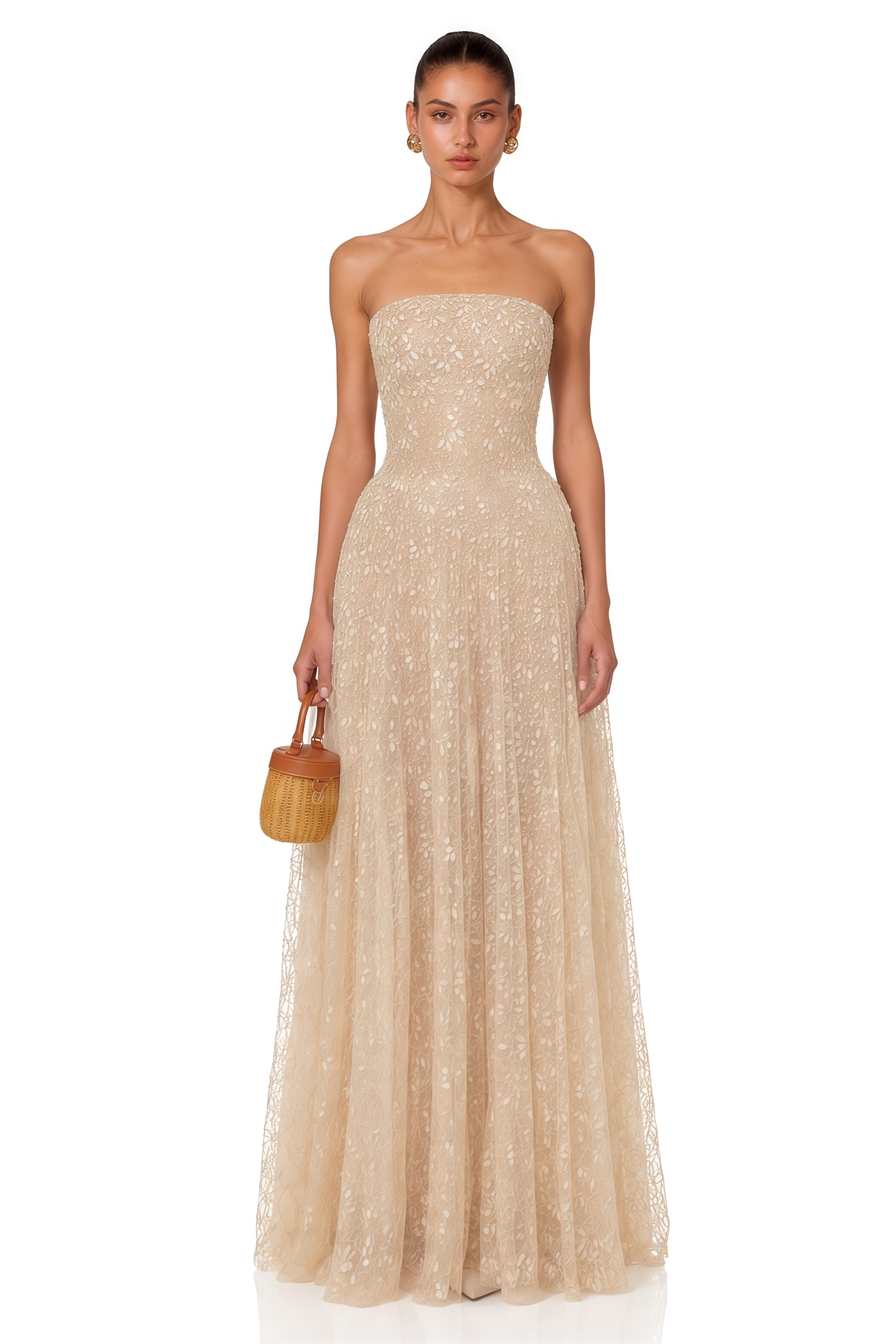 Ginetta Neutral Sequined Floral Lace Maxi Dress