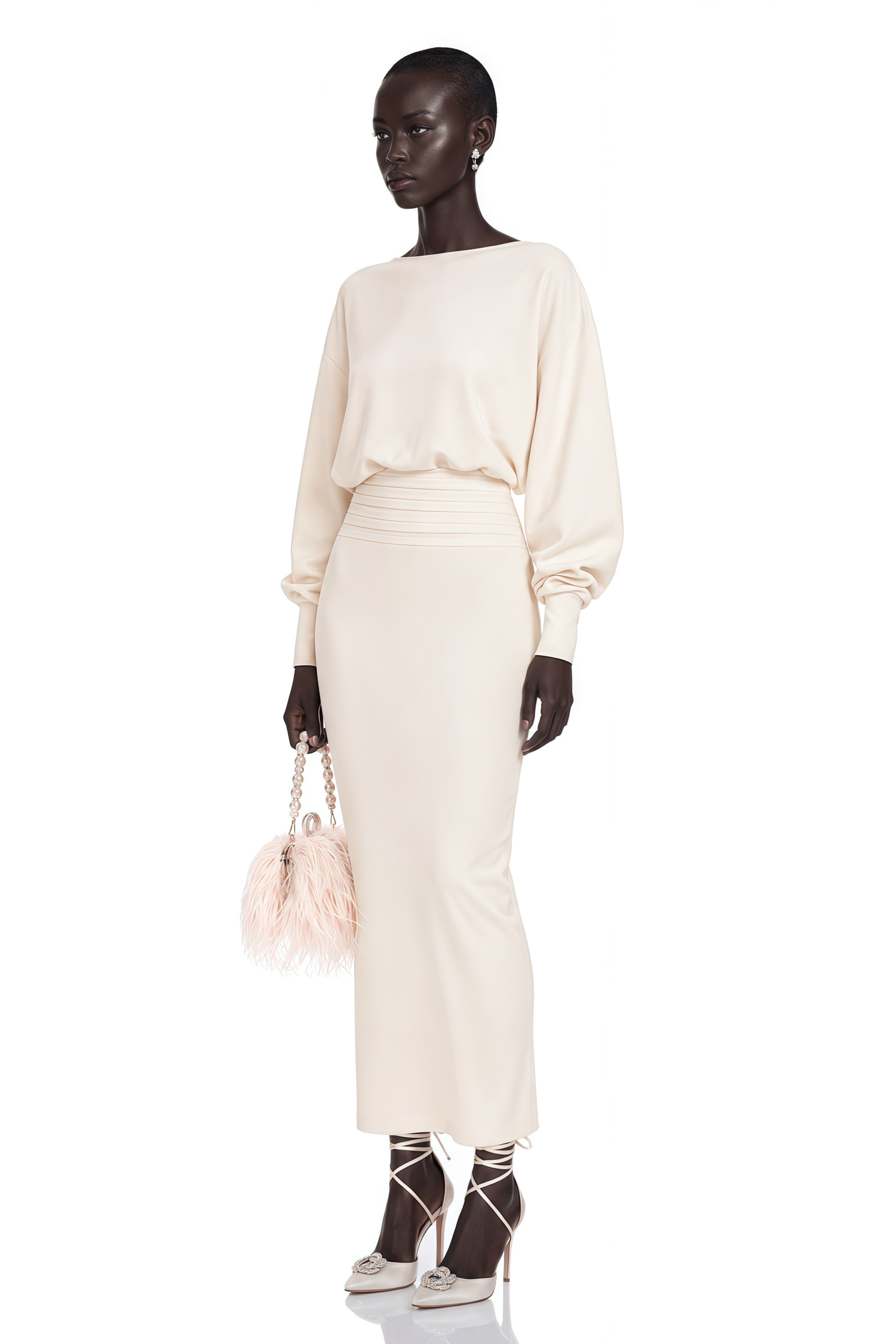 Boglárka White Cinched Knitted Waist Midi Dress