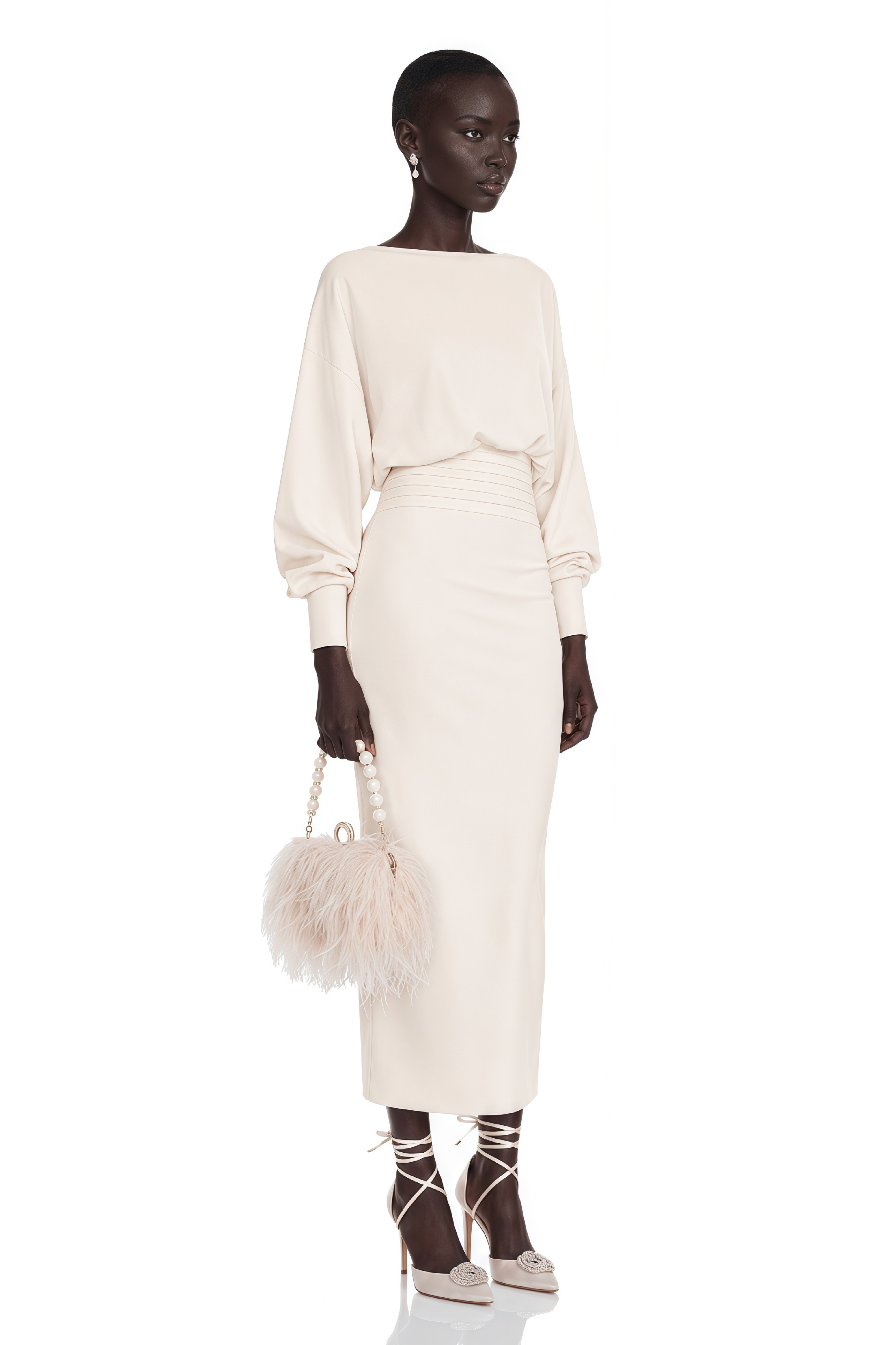 Boglárka White Cinched Knitted Waist Midi Dress