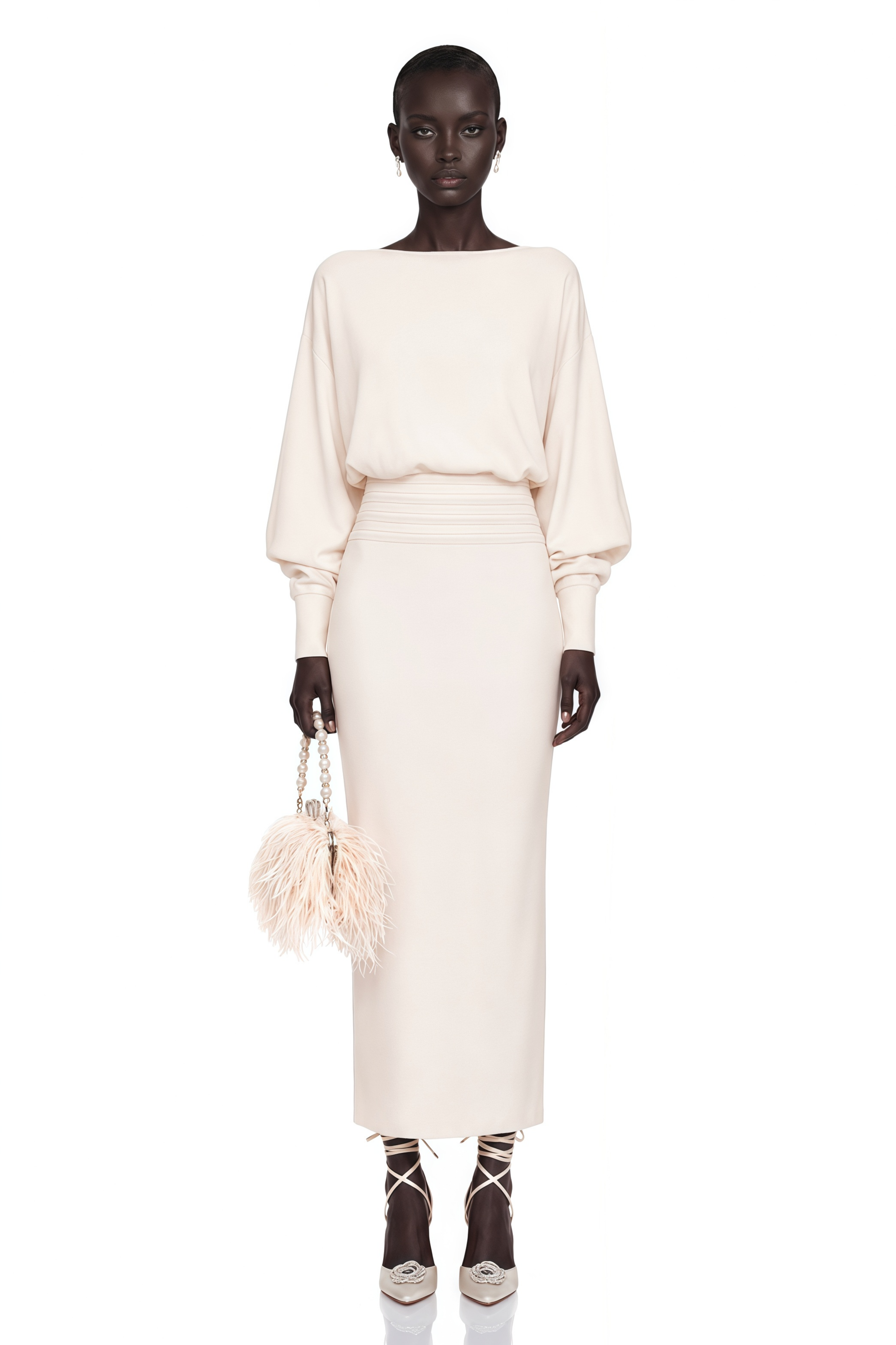 Boglárka White Cinched Knitted Waist Midi Dress