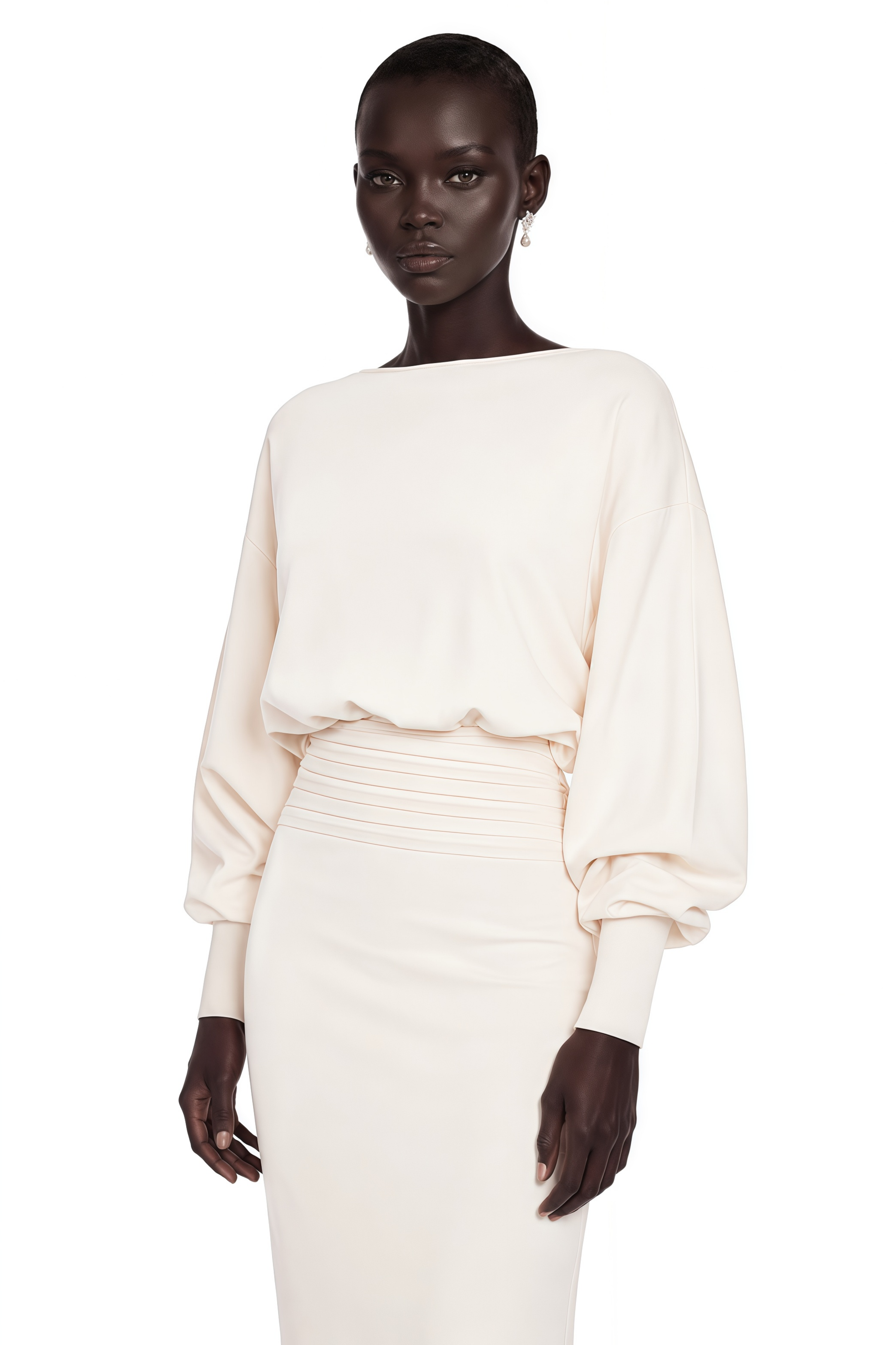 Boglárka White Cinched Knitted Waist Midi Dress