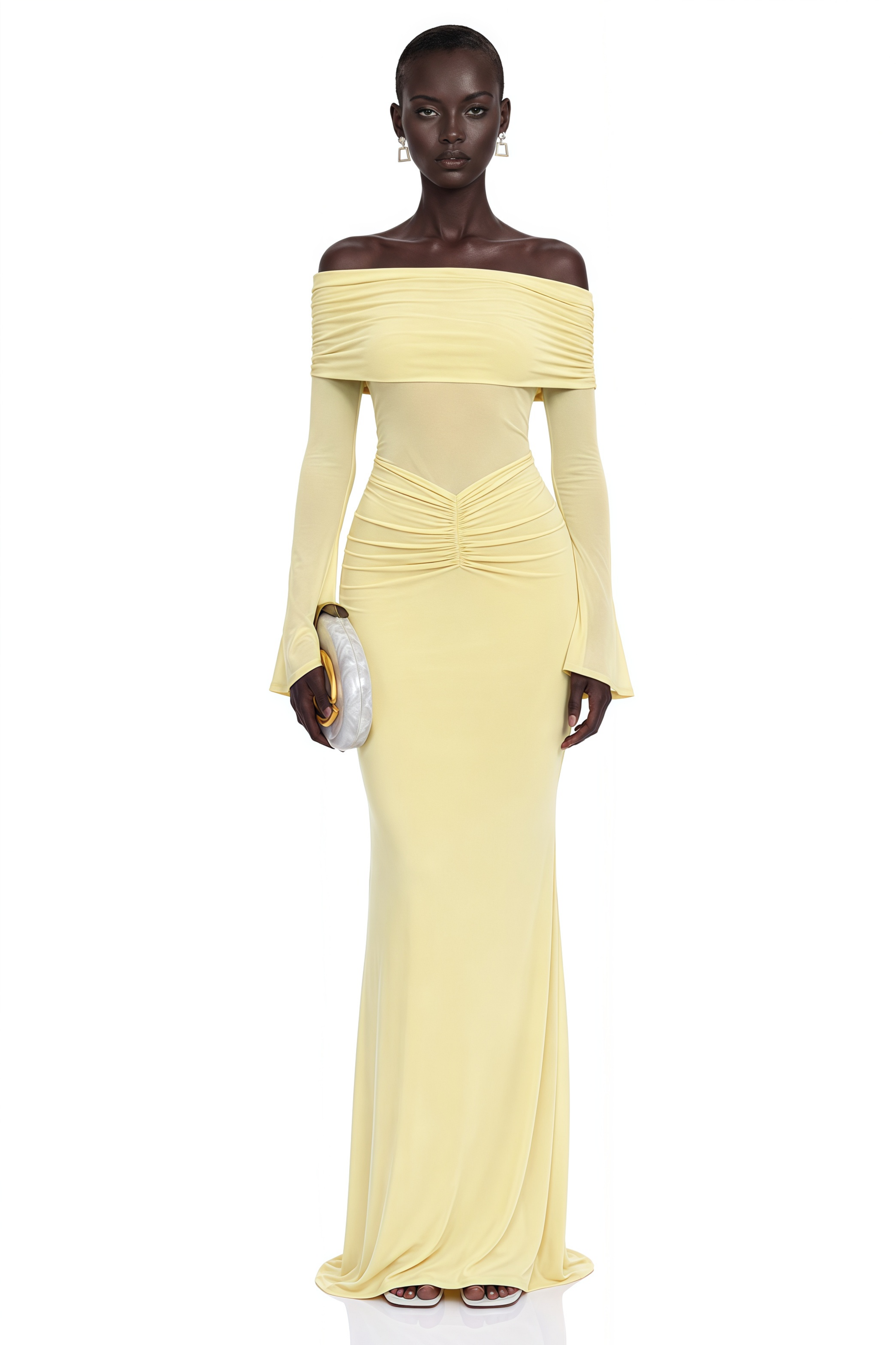 Ninon Yellow Off Shoulder Ruched Maxi Dress