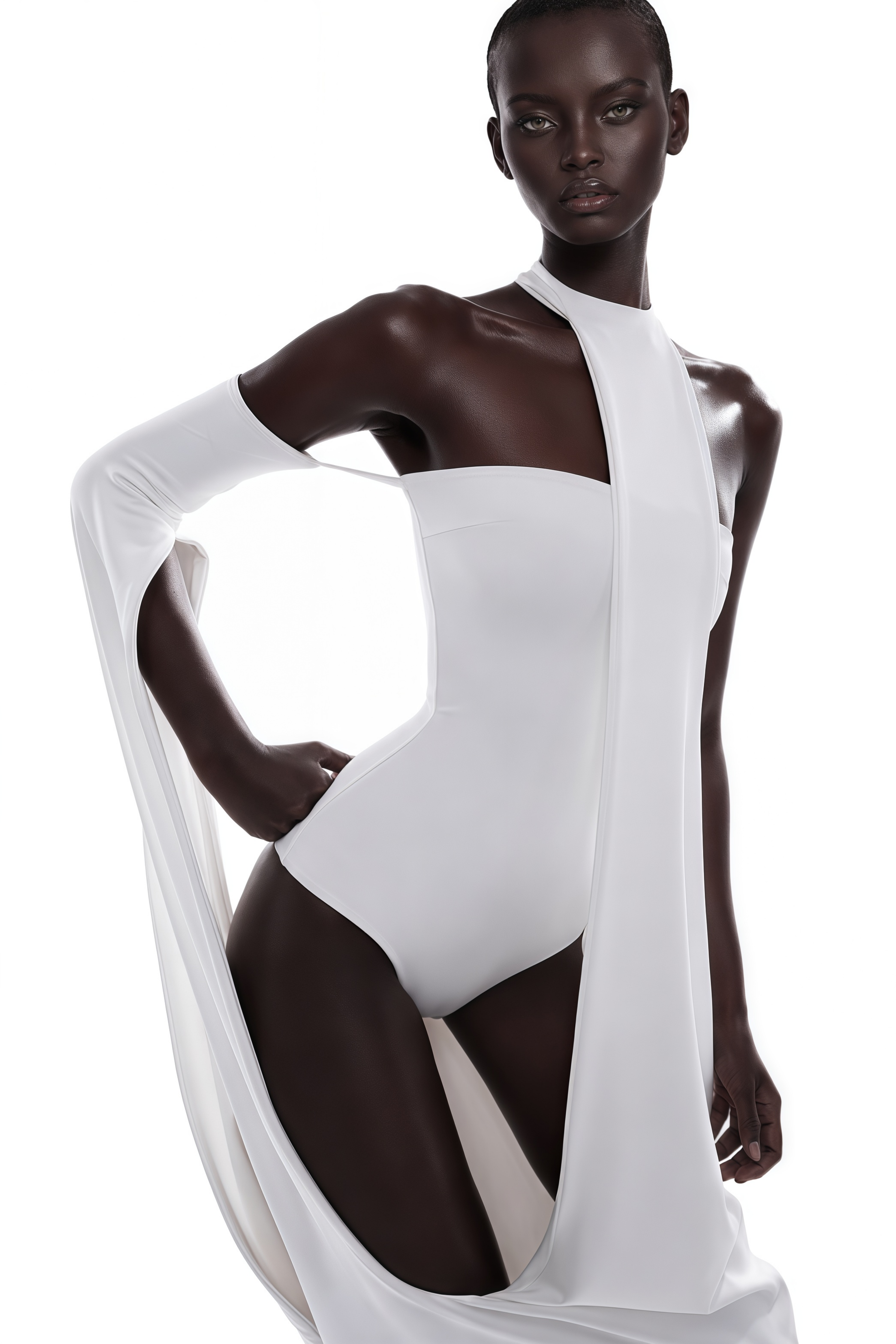 White halter-neck maxi dress with a draped panel skirt and high leg cutouts