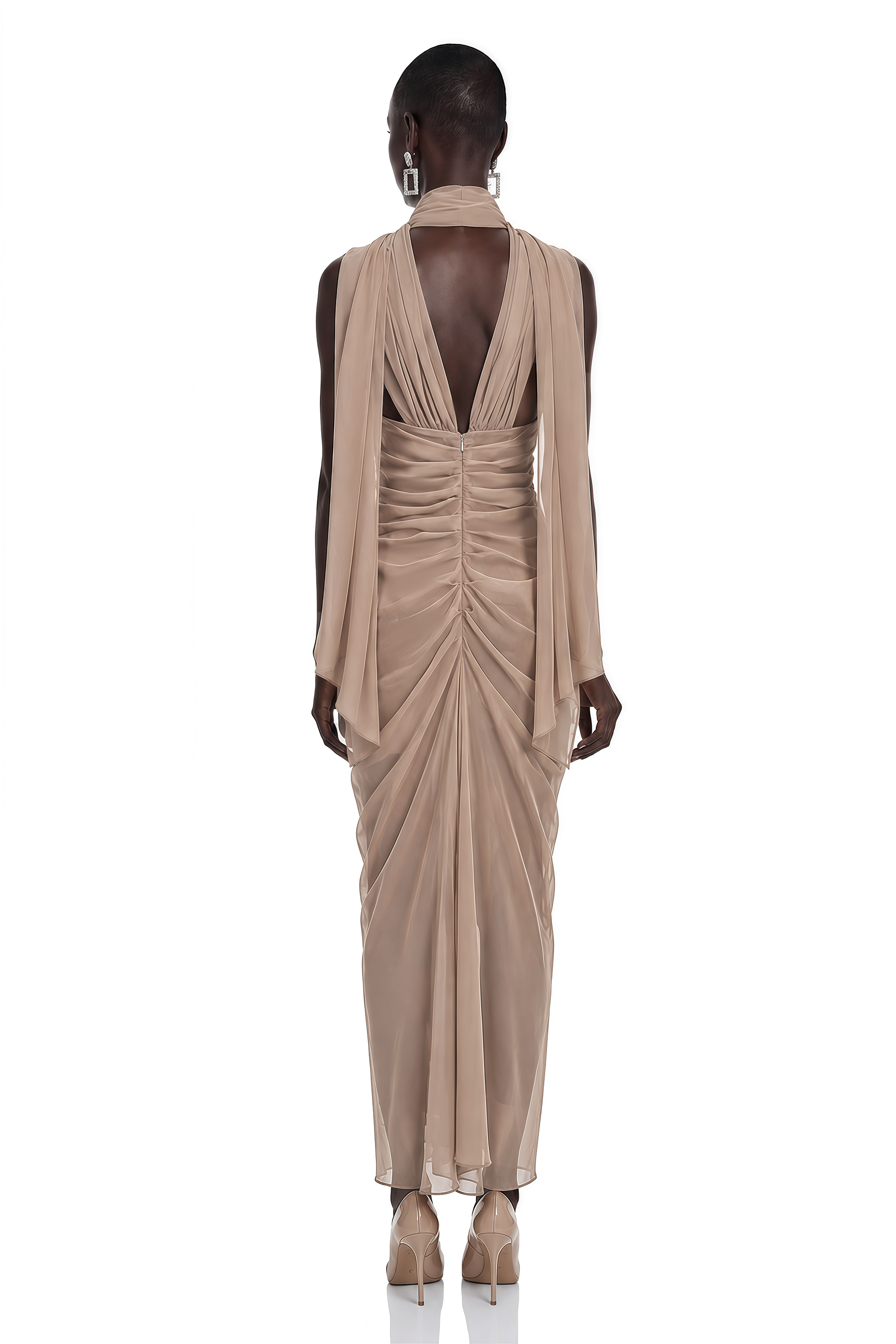 Chaya Brown Draped Strapless Scarf-Neck Maxi Dress