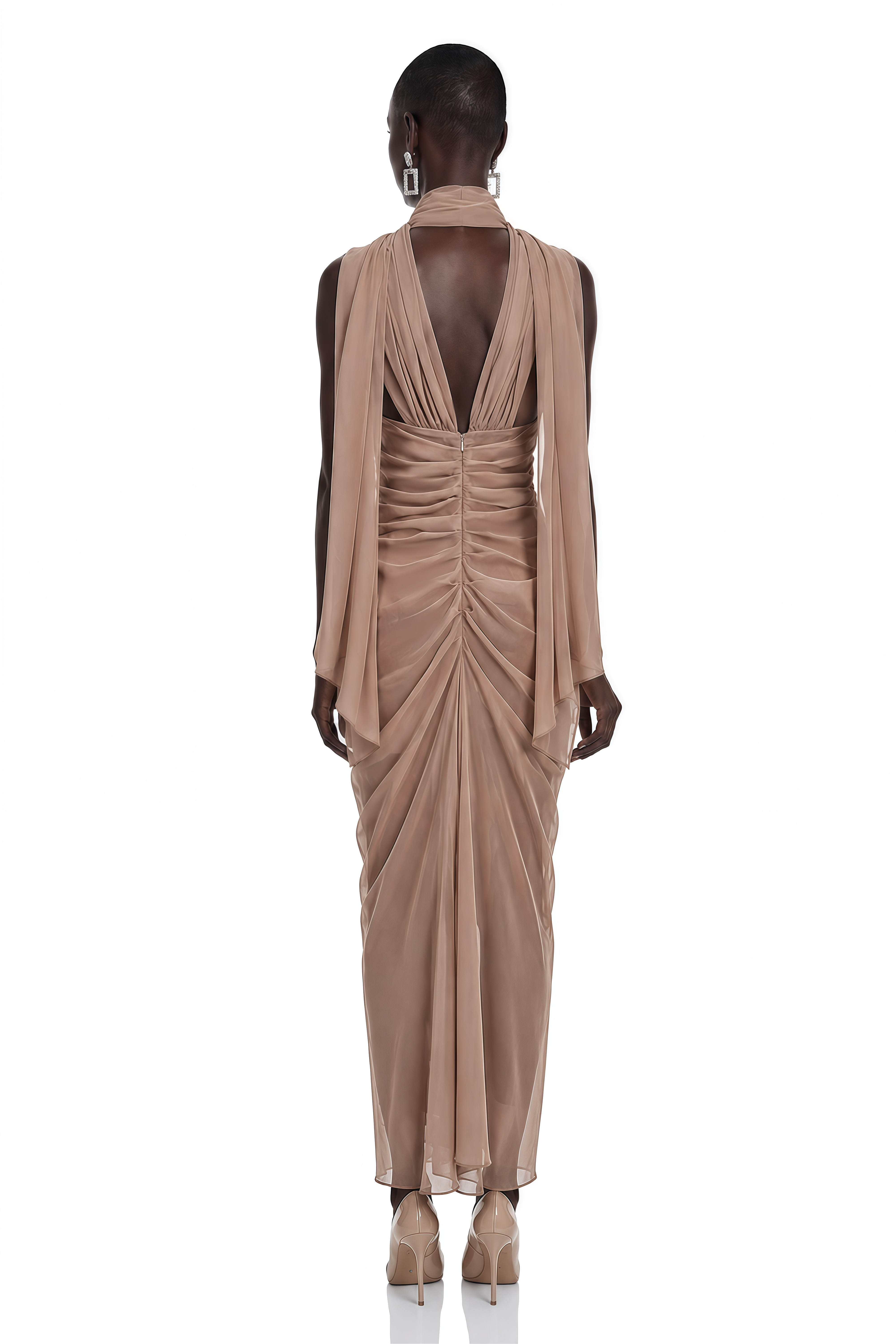 Chaya Brown Draped Strapless Scarf-Neck Maxi Dress