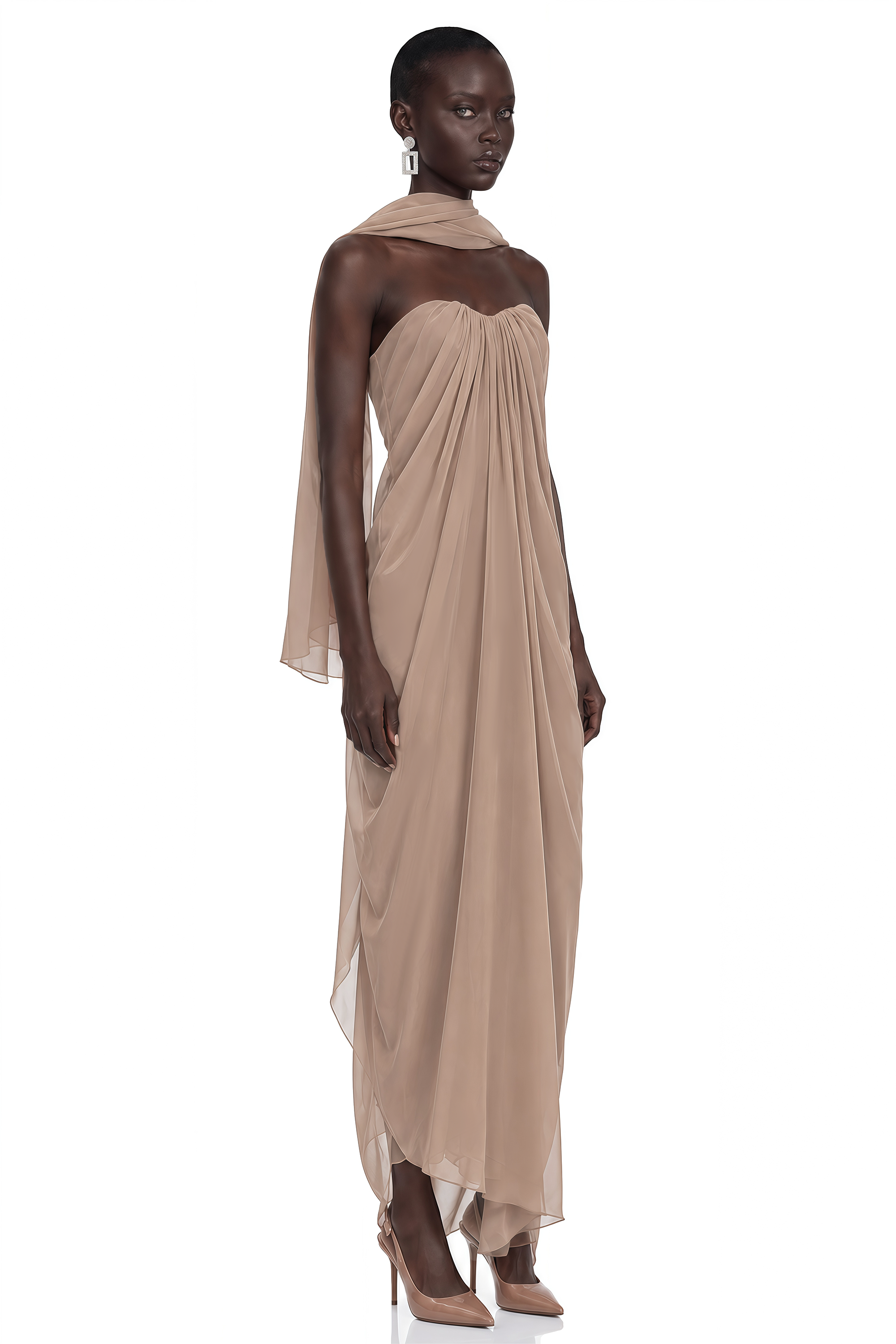 Chaya Brown Draped Strapless Scarf-Neck Maxi Dress