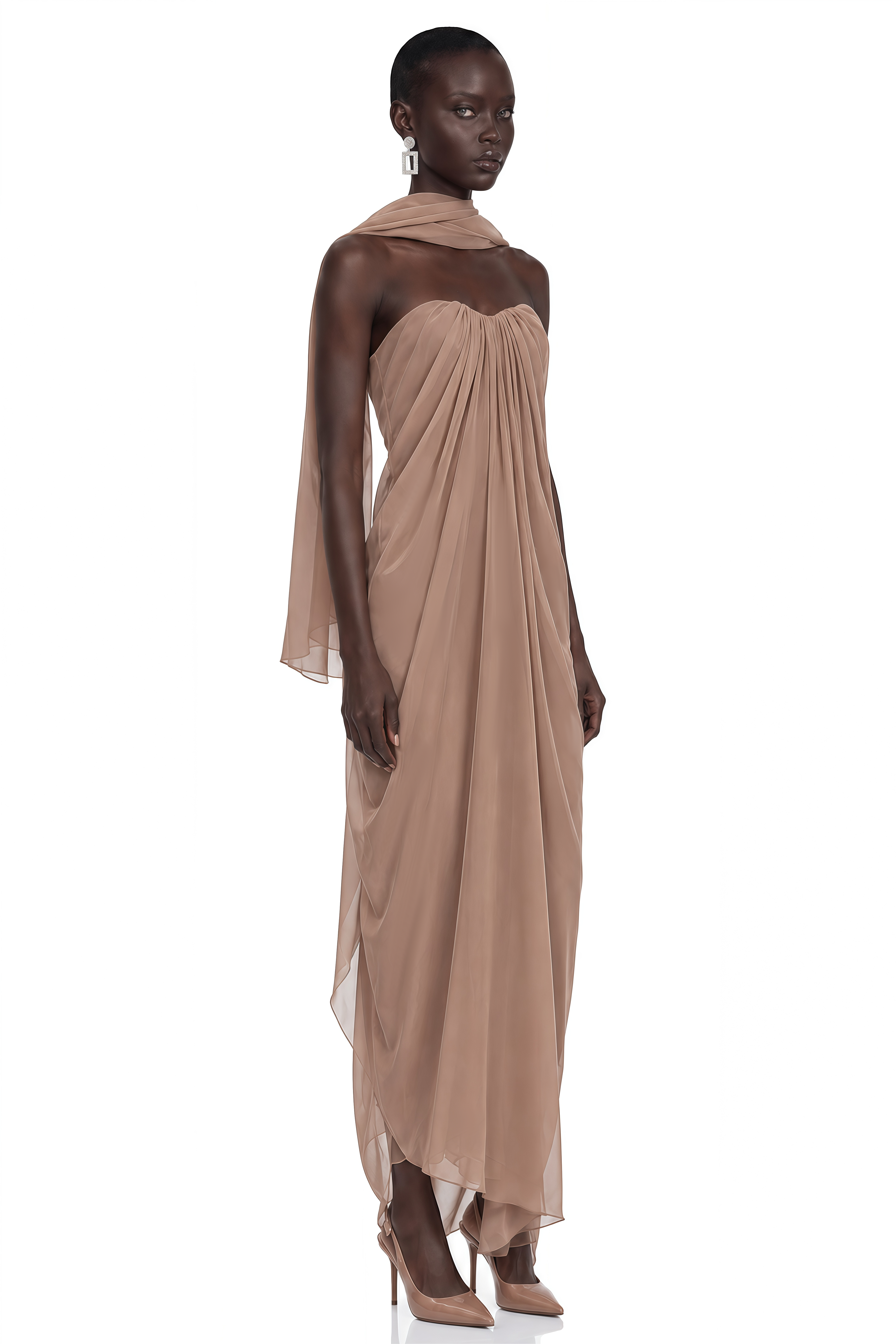 Chaya Brown Draped Strapless Scarf-Neck Maxi Dress