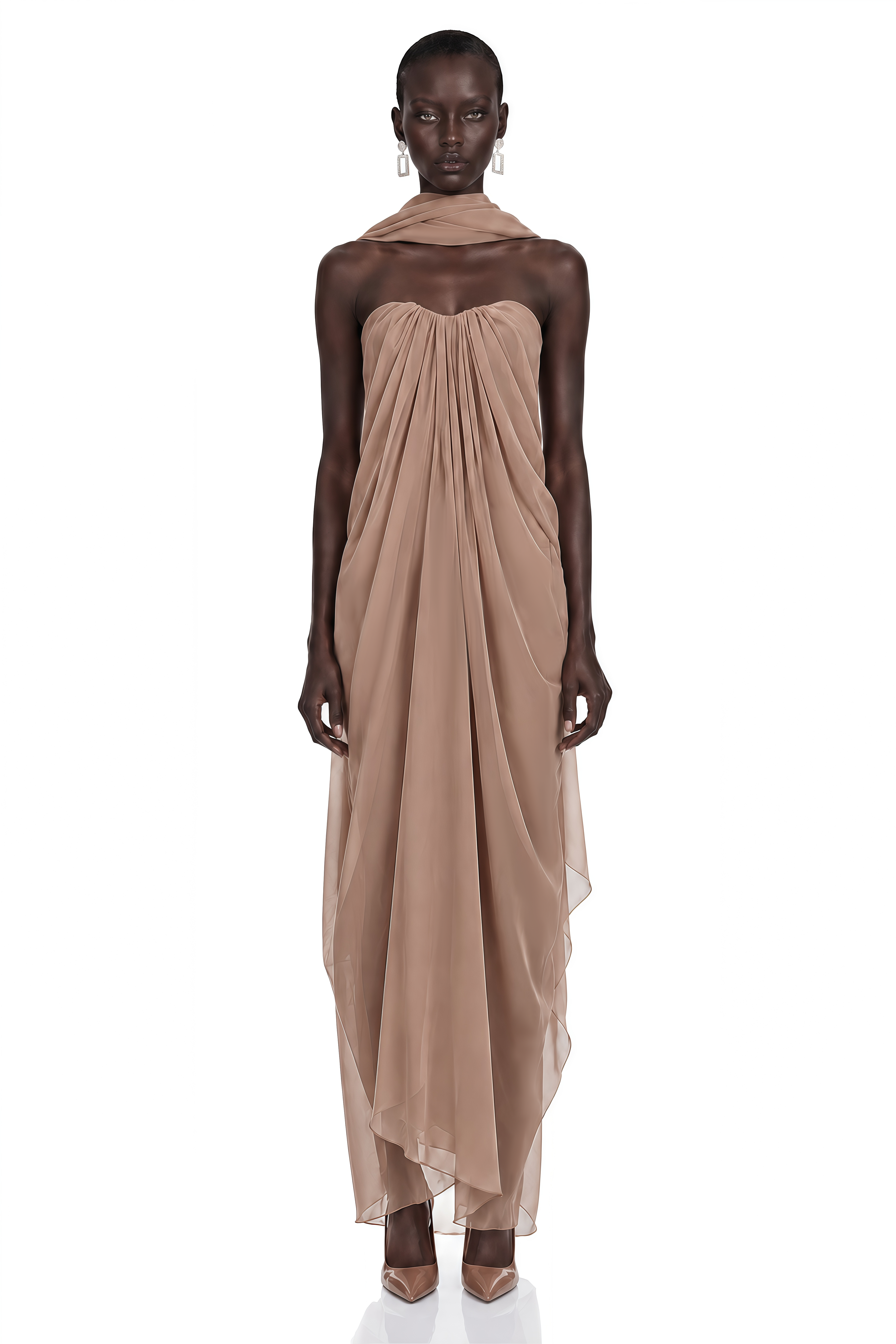 Chaya Brown Draped Strapless Scarf-Neck Maxi Dress