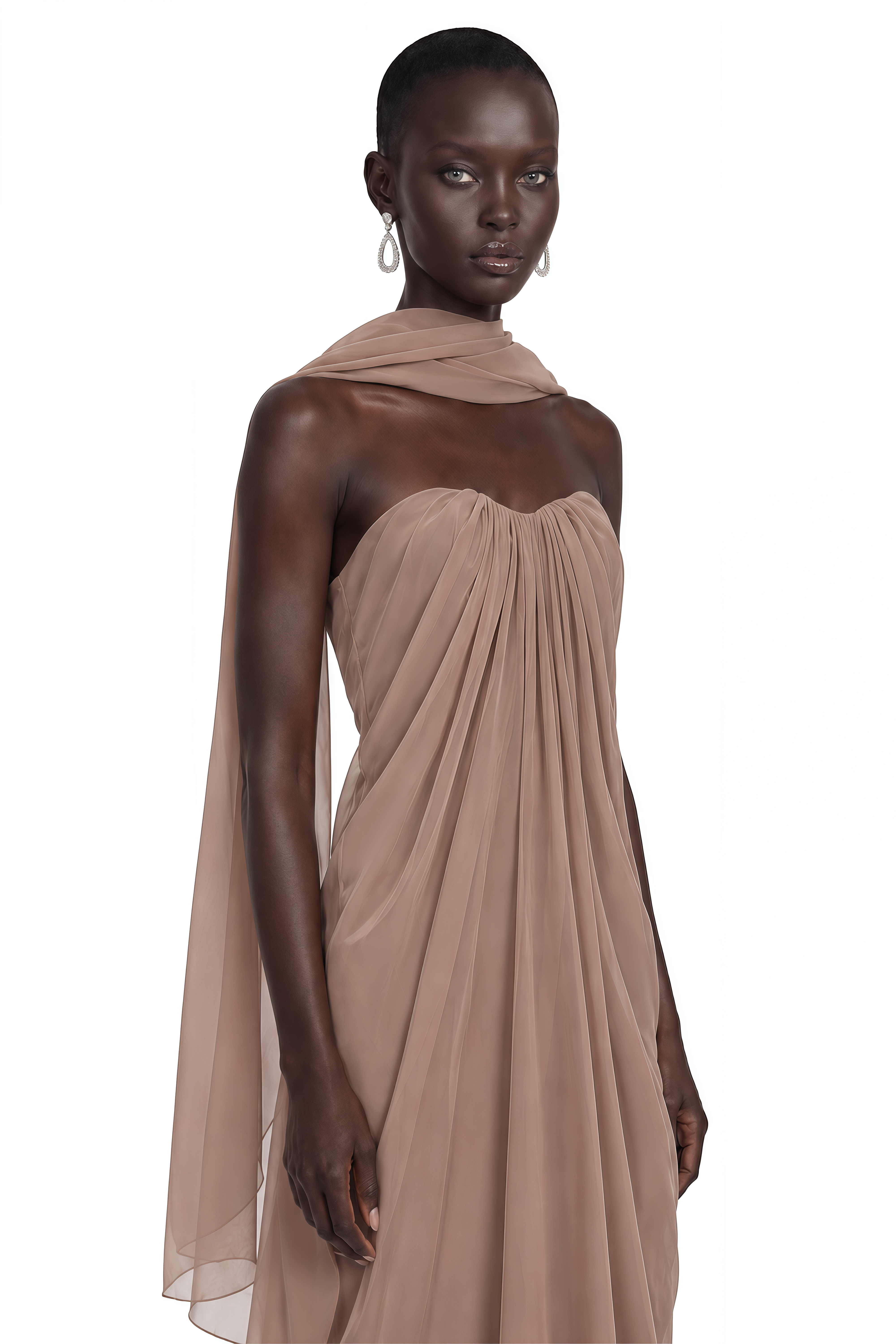 Chaya Brown Draped Strapless Scarf-Neck Maxi Dress