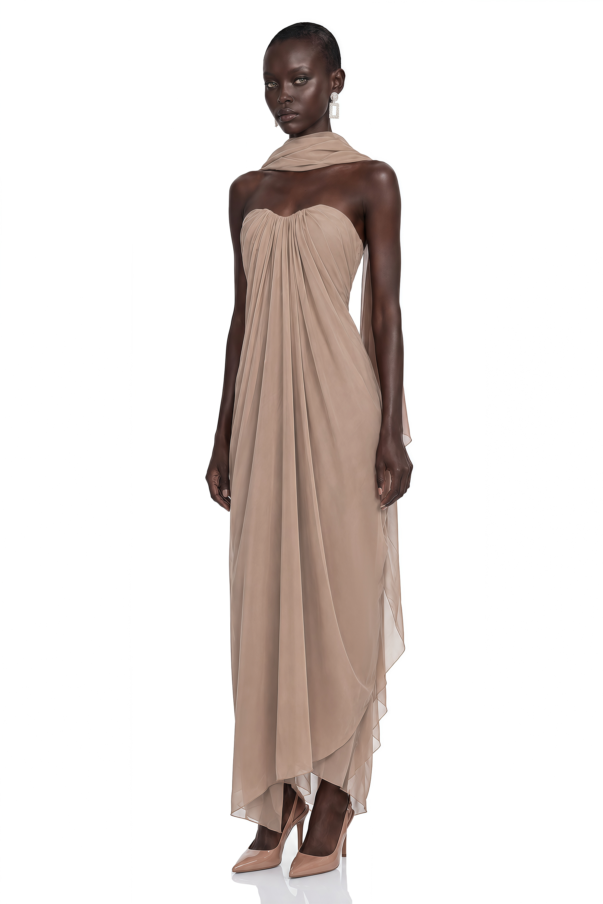 Chaya Brown Draped Strapless Scarf-Neck Maxi Dress