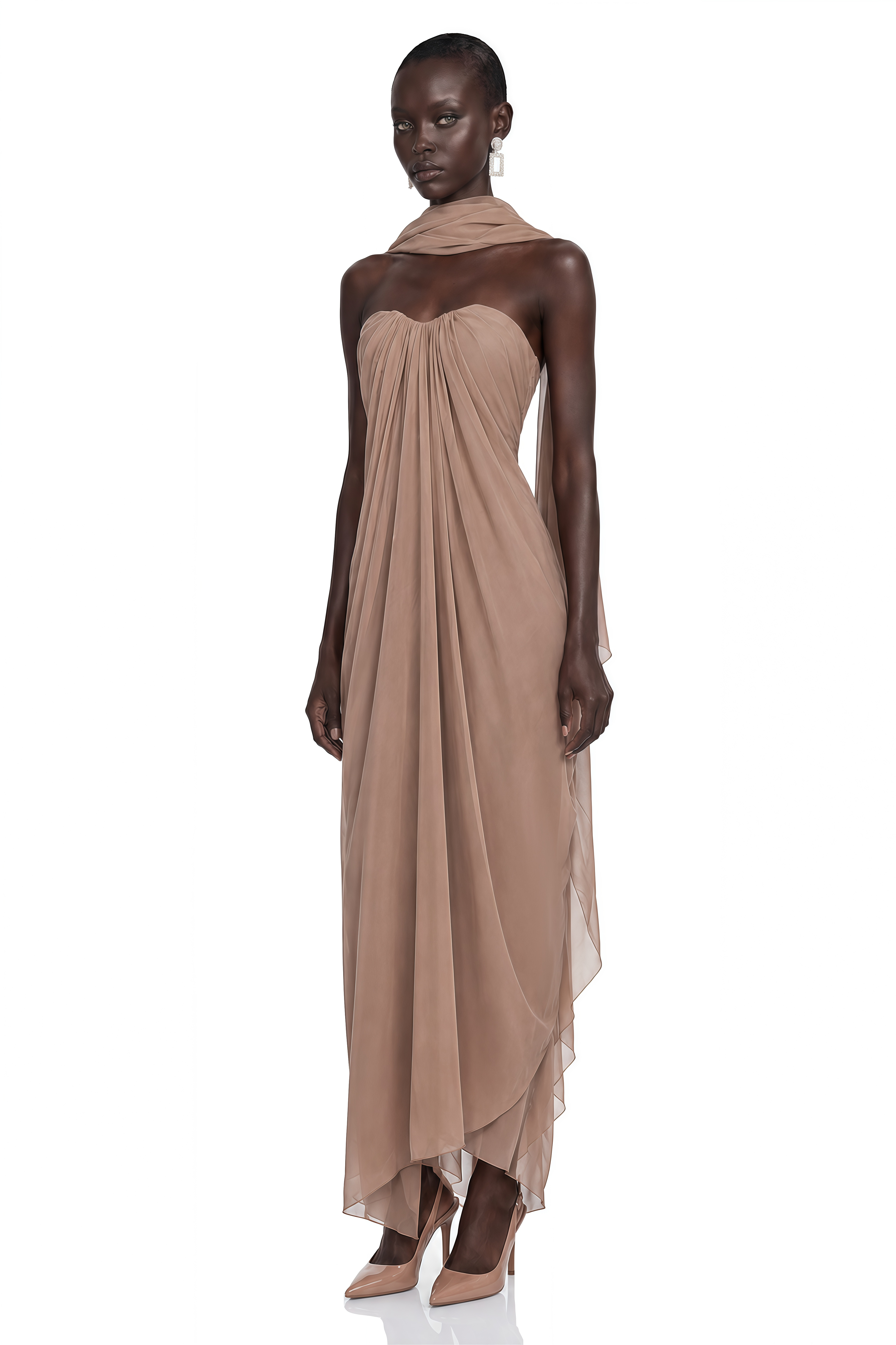 Chaya Brown Draped Strapless Scarf-Neck Maxi Dress