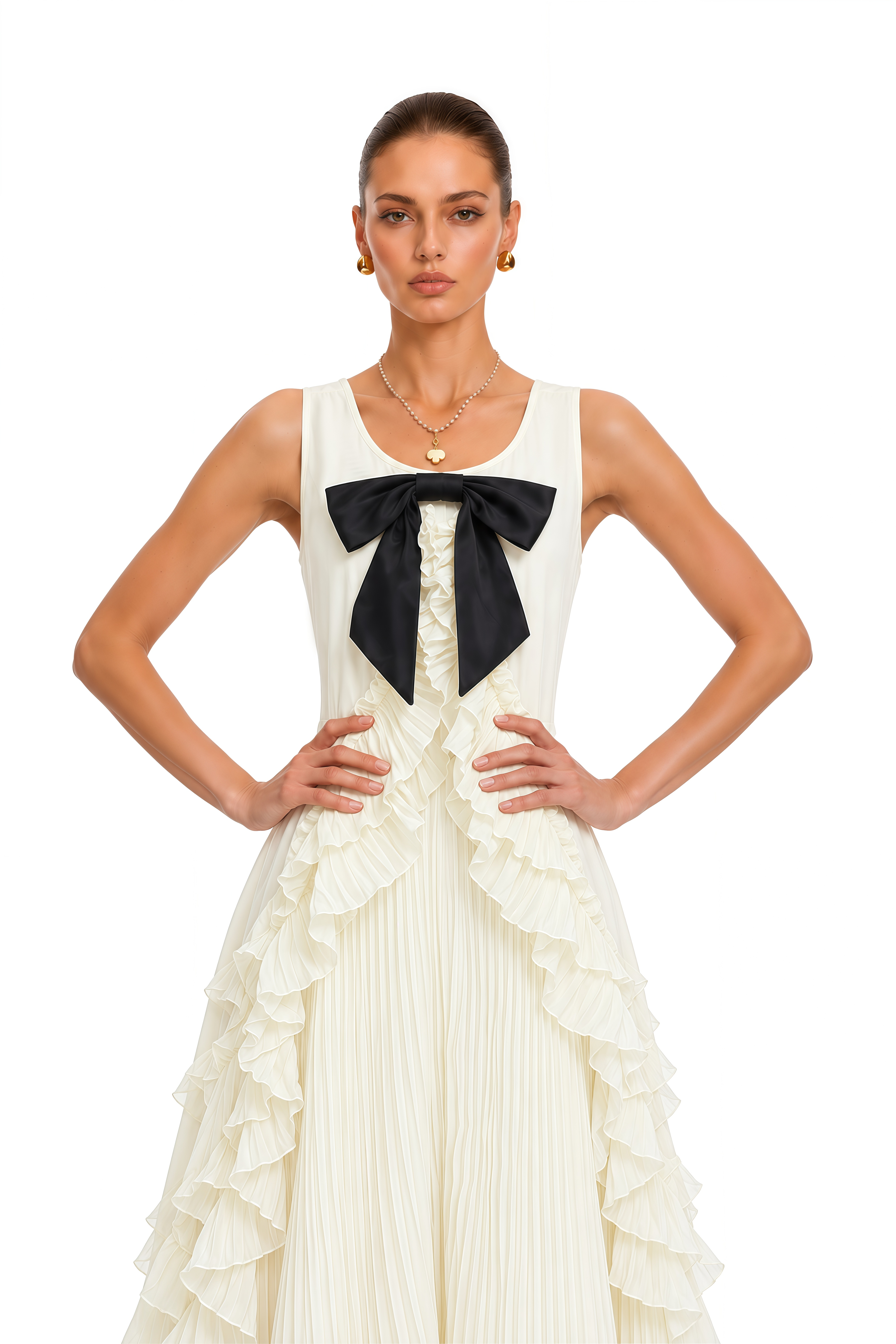 Chaya Neutral Contrast Bow Tiered Midi Dress